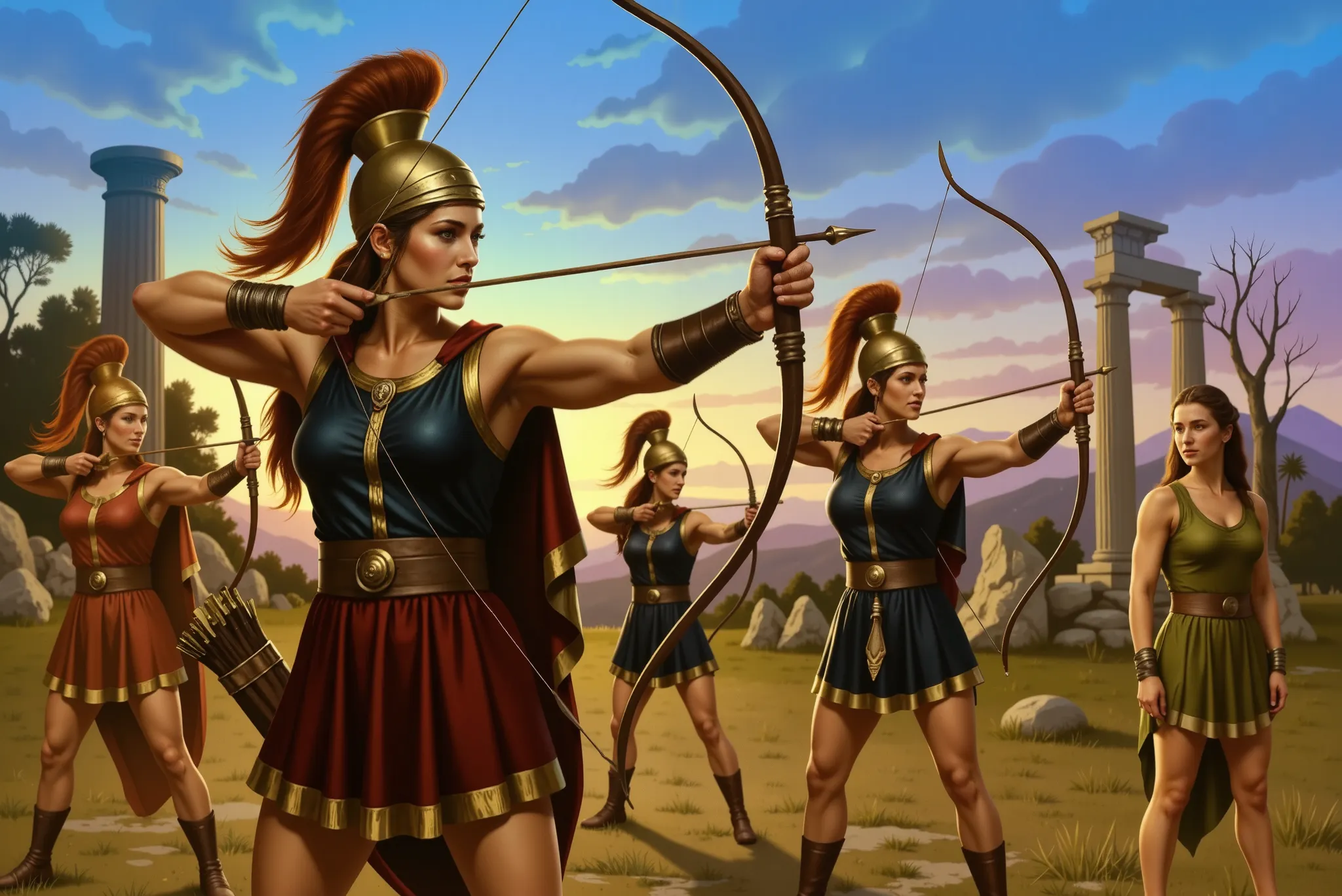 A group of Greek Amazons stand in a training camp at sunset. They wear Ancient Greek-inspired attire: short tunics in shades of red, blue and gold, adorned with leather and metal details. They stand in a shooting stance, pulling back classic wooden bows wi...