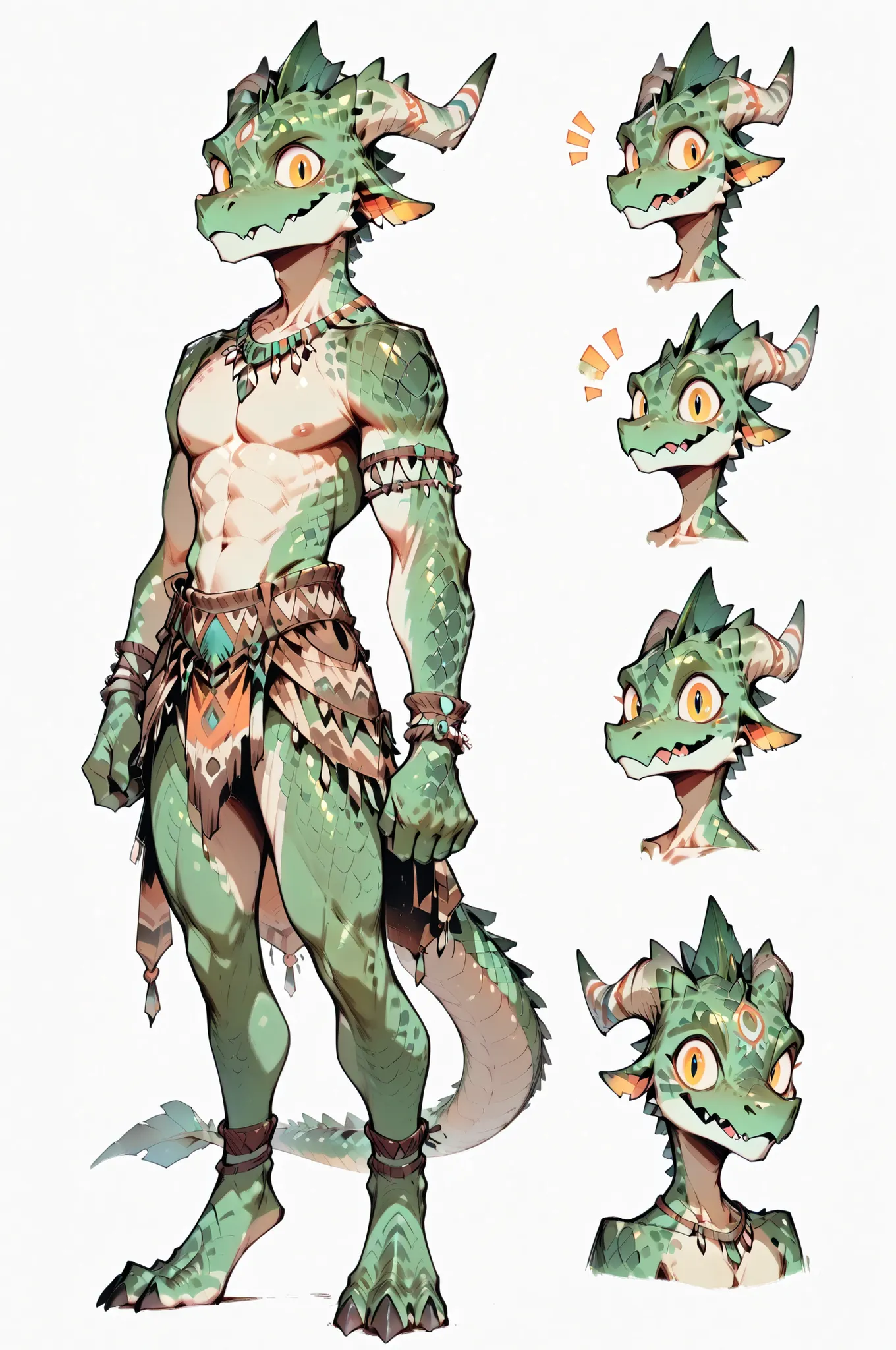 ( solo male, green skin, green scales, (((Kobold)), (detailed kobold)) wearing a adventure equipament , a tribal clothes, topless,character design, 