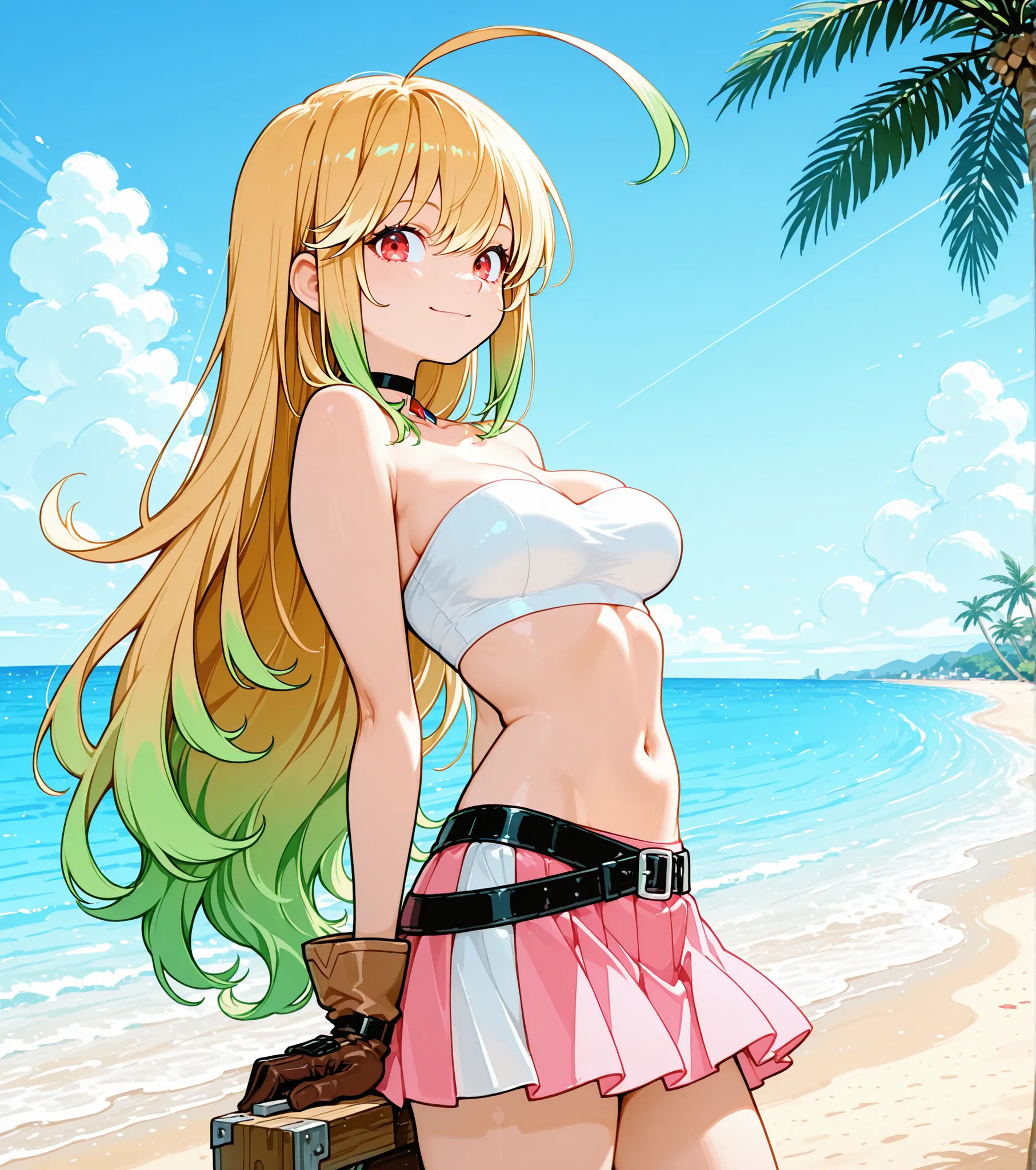 1girl, solo, milla_maxwell, long_hair, blonde_hair, gloves, smile, palm_tree, outdoors, breasts, tree, navel, skirt, ahoge, beach, looking_at_viewer, choker, tube_top, sky, day, strapless, multicolored_hair, cloud, green_hair, ocean, midriff, bare_shoulder...