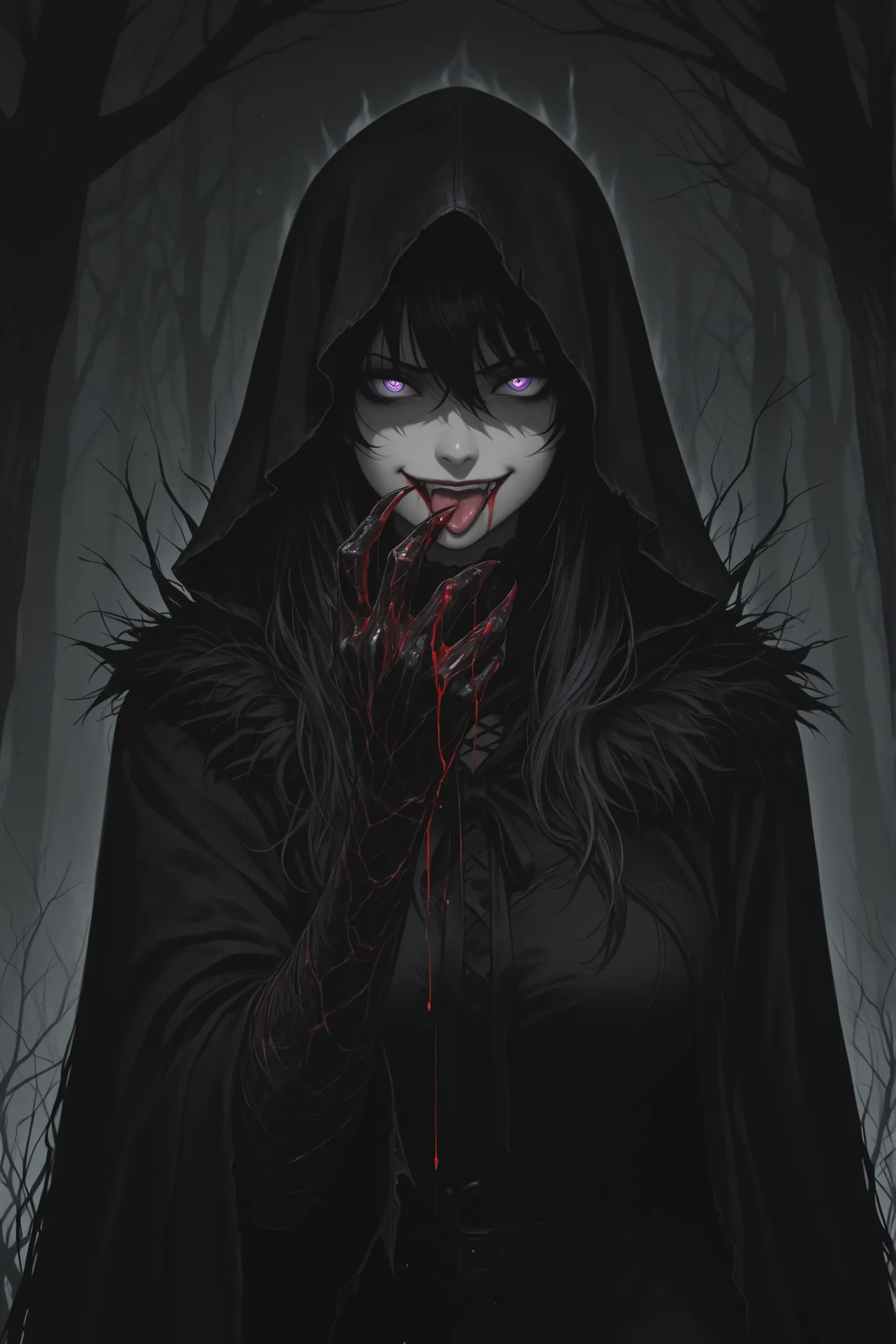 high quality, masterpiece, detailed photograph a woman, Seductive Witch, beautiful and sinister face, hand extended to the spectator,  predatory look , malevolent smile, blood-stained lips, tongue tasting blood, mysterious black hood, tight and torn black ...