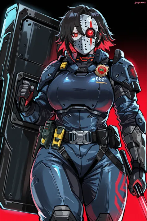 kurenaiz, masterpiece, ultra highres, best quality, cyberpunk 2077, Adeptus Arbites, 1girl, black hair, red bangs, hockey mask with asymmetric eyes, one glowing red eye, one dark empty eyehole, advanced combat armor, Arbiter-style ornate plating, electric ...