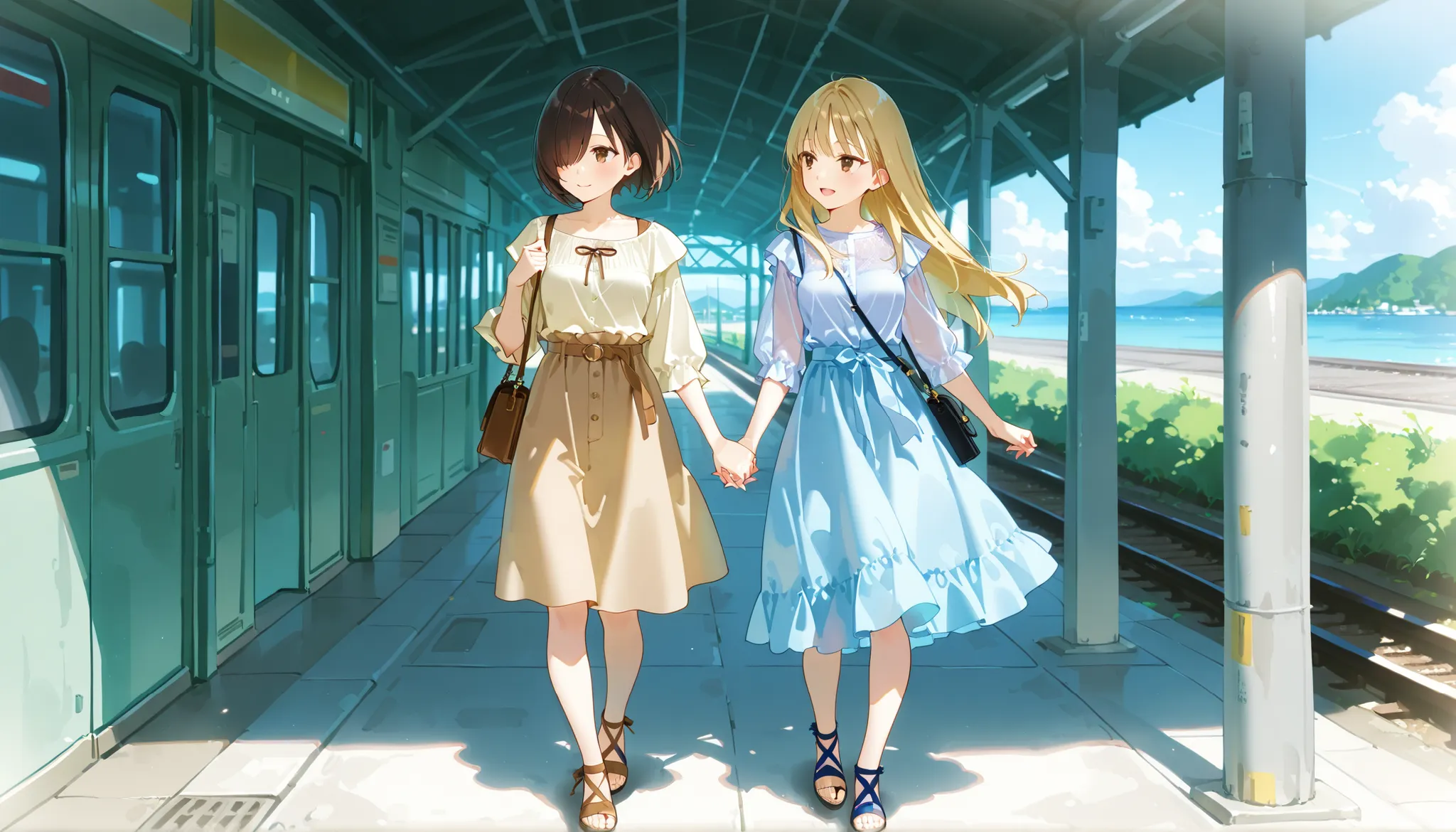 Pale blue summer outfit, brown summer outfit, 2girls, blonde longhair, black short hair, hair over one eye, side parted, hand in hand, tsurime, tareme, (brown eyes), station, interlocked fingers, shoulders bag, happy, Looking away, 20 years old, mesium bre...