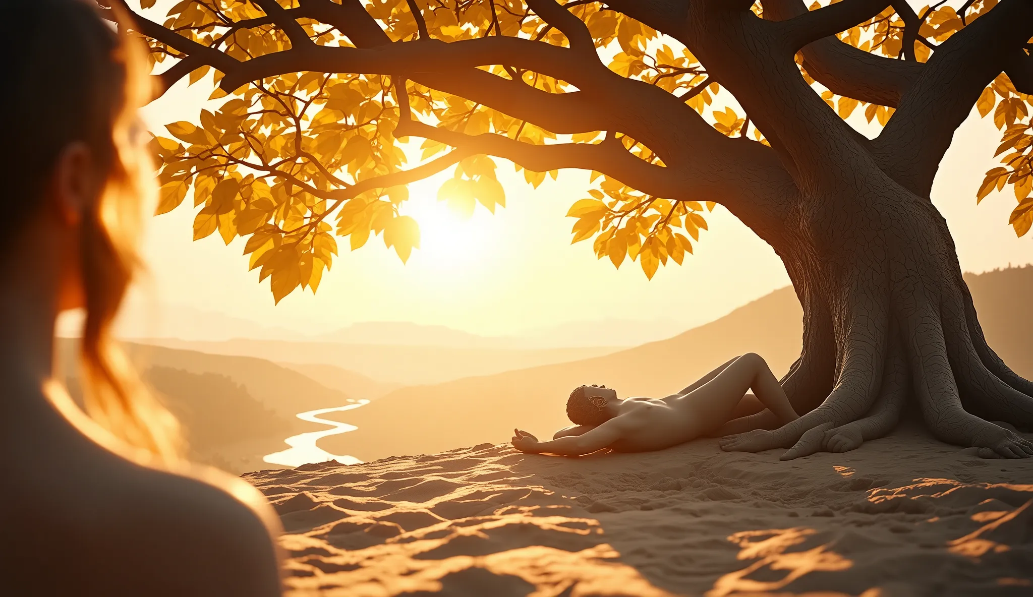 A sacred cinematic scene set in Jannah.

A majestic glowing tree with golden divine leaves spreads wide, its roots nestled into the radiant earth.

On the right side, beneath the tree, lies a lifeless male clay figure, shown in a side-turned sleeping pose ...