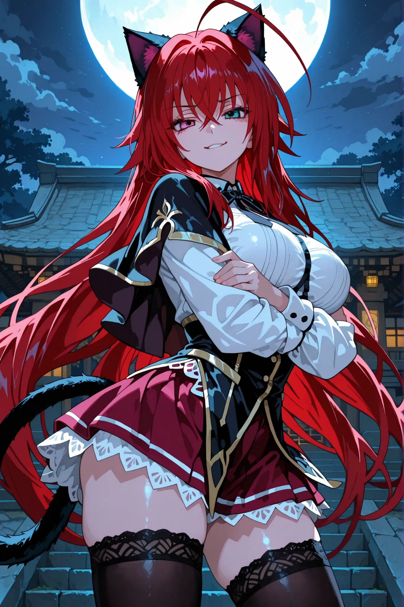 rias gremory, huge ahoge, long hair, hair between eyes, green eyes, red hair,,shirt, ribbon, school uniform, white shirt, black ribbon, neck ribbon, capelet, black capelet, long sleeves, skirt, red skirt,, black thighhighs,cat ears, cat tail,hmrnhr, ,smirk...