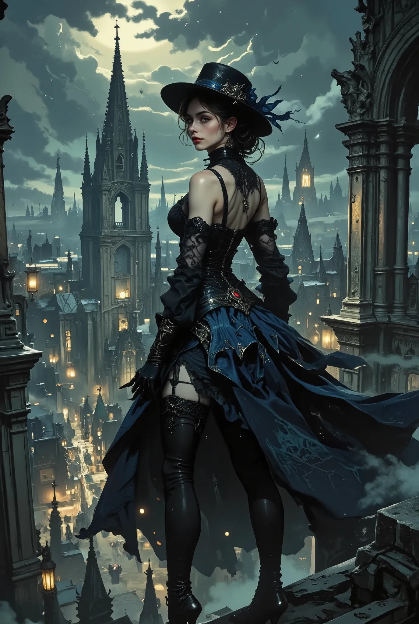 A young woman with a mysterious, mystical beauty stands on the edge of the roof of an ancient Gothic cathedral, turning in profile to the viewer. Her face, illuminated by the cold moonlight, seems to be carved out of marble – high cheekbones, a straight no...