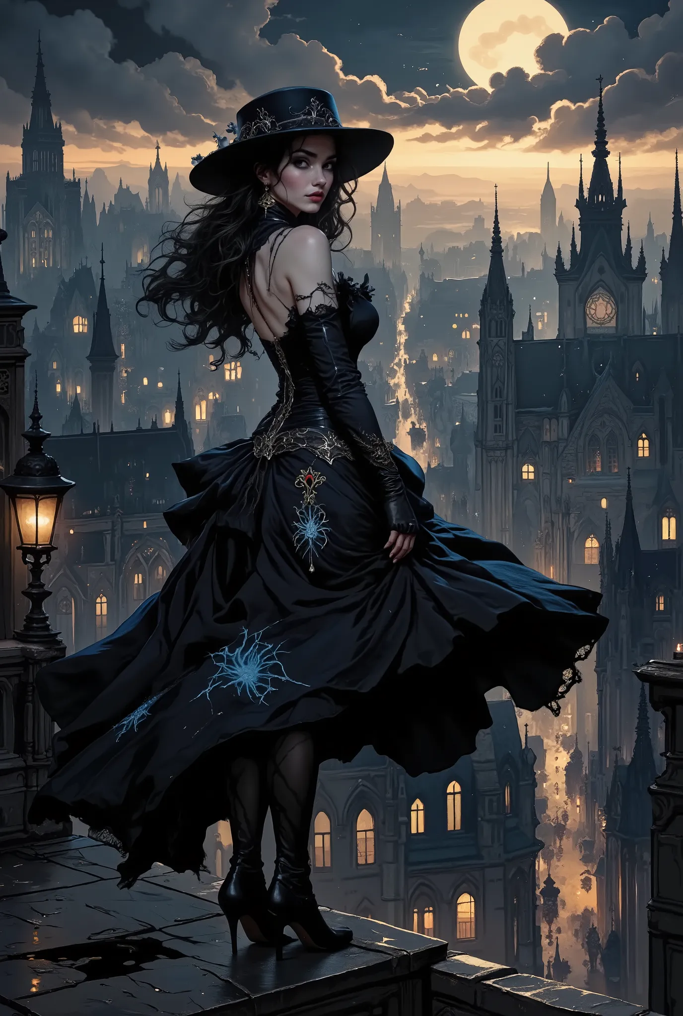 A young woman with a mysterious, mystical beauty stands on the edge of the roof of an ancient Gothic cathedral, turning in profile to the viewer. Her face, illuminated by the cold moonlight, seems to be carved out of marble – high cheekbones, a straight no...