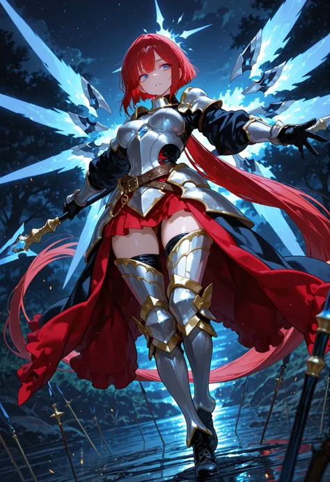 master piece, best quality, ultra hires, 8k, , very long long ponytail red hair,,,beautiful detailed  blue eyes, night, medium breasts, short hair, armor, boots, Spear, spread arms, Isekai world.