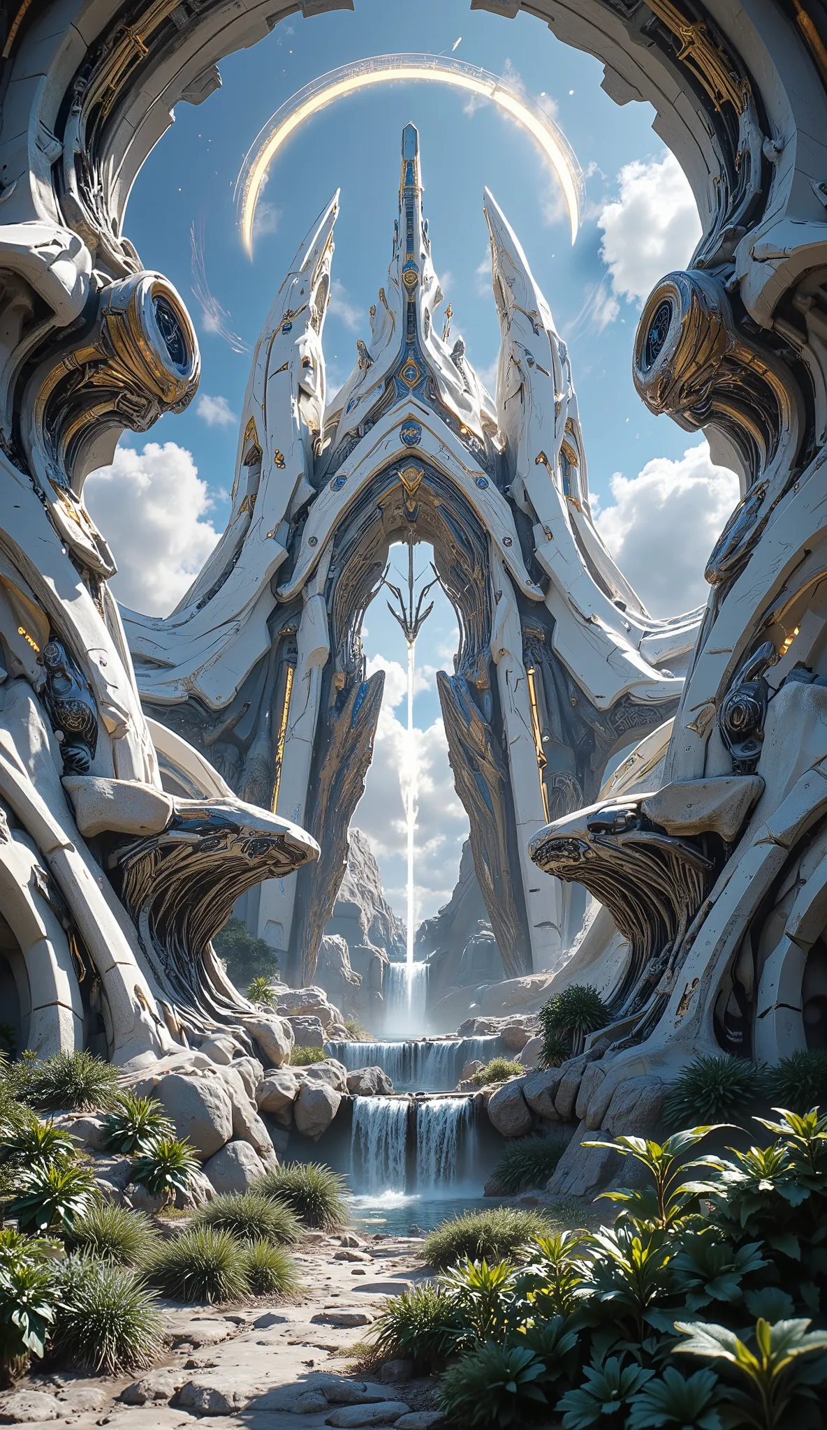 A breathtaking futuristic elven city glowing under a radiant sky, built in elegant white and gold architecture that blends organic curves with advanced technology. Towering structures rise like crystalline spires, their surfaces covered in luminous gold-ve...