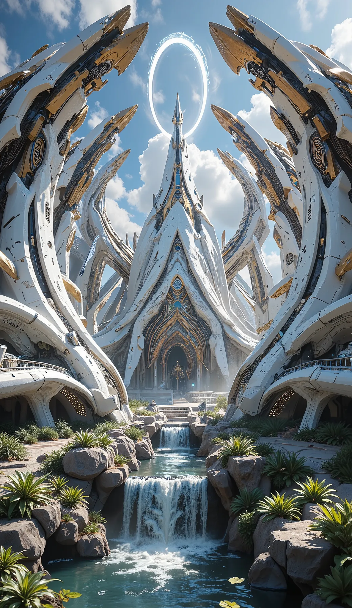 A breathtaking futuristic elven city glowing under a radiant sky, built in elegant white and gold architecture that blends organic curves with advanced technology. Towering structures rise like crystalline spires, their surfaces covered in luminous gold-ve...