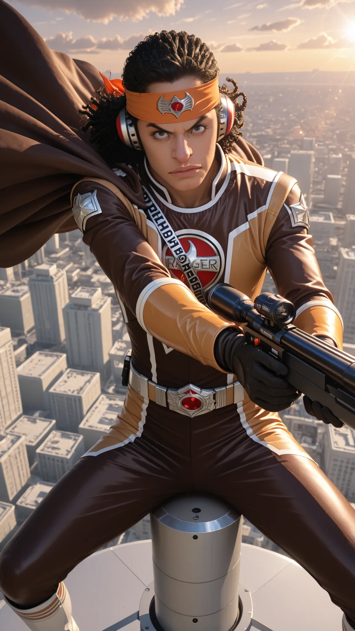 masterpiece, ultra highres, best quality, 1 boy, Usopp, long nose, curly black hair, bandana, determined expression, focused eyes, silver and brown Power Ranger uniform, metallic armor pieces, chrome details, sniper pose, aiming stance, holding advanced te...