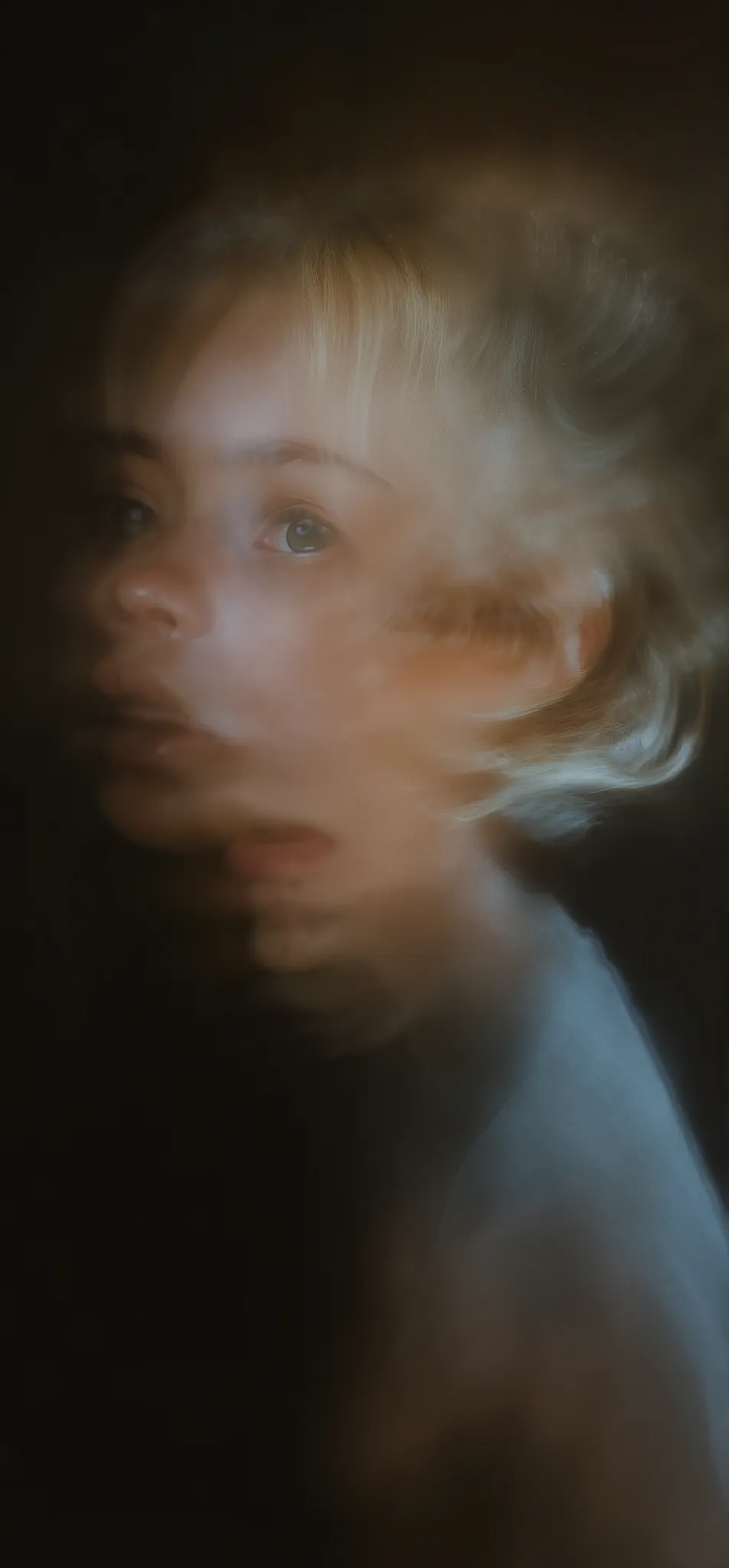 Motion blur,blur,A high-resolution portrait realistic painting of a girl with a blonde buzzcut and blue eyes, captured in a long-exposure, slow shutter photograph. Her head is turning to the side, and both the initial forward-facing position and the final ...