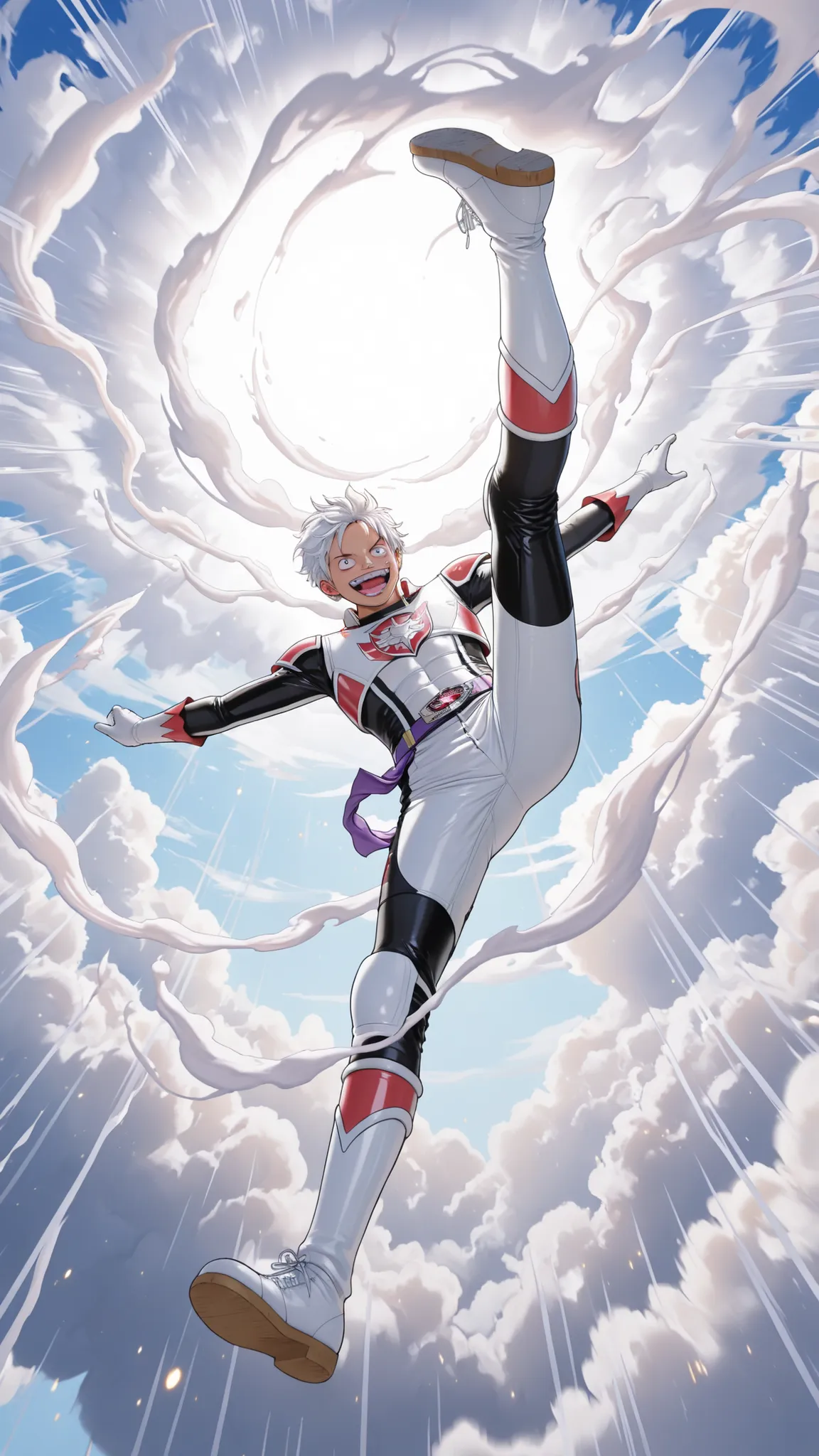 masterpiece, ultra highres, best quality, 1 boy, Monkey D. Luffy, Sun God Nika form, white flowing hair, pure white Power Ranger uniform, elastic fluid design, purple power belt glowing, joyful laughing expression, wide smile, carefree eyes, flying pose, d...