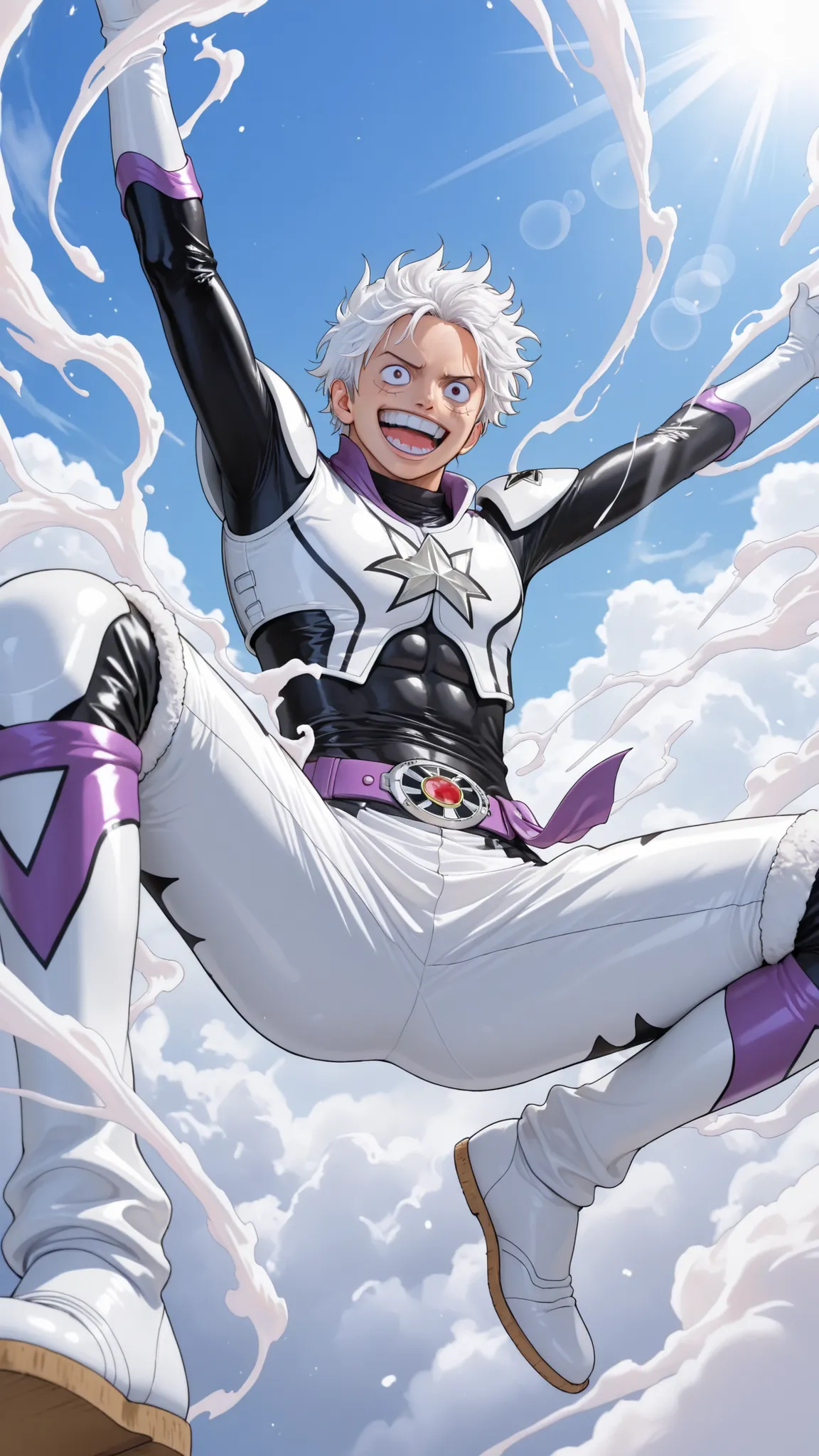 masterpiece, ultra highres, best quality, 1 boy, Monkey D. Luffy, Sun God Nika form, white flowing hair, pure white Power Ranger uniform, elastic fluid design, purple power belt glowing, joyful laughing expression, wide smile, carefree eyes, flying pose, d...