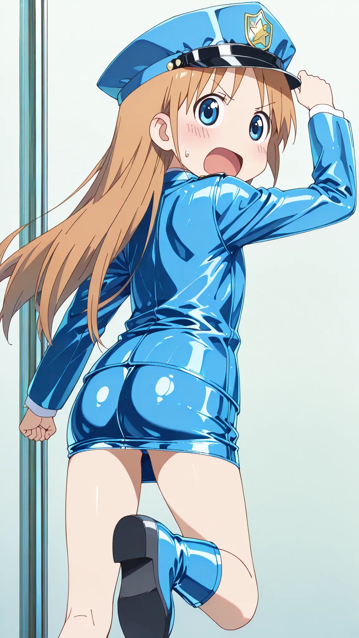 (((anime style))),nsfw,score_9, score_8_up, score_7_up,masterpiece, best quality,ultra detail,1girl,((((((((solo)))))))),yasuna oribe,koiwai yotsuba,hakase shinonome, (((long hair))), blue eyes, blonde hair,((((back shot)))),(school),((blue Police Uniform)...