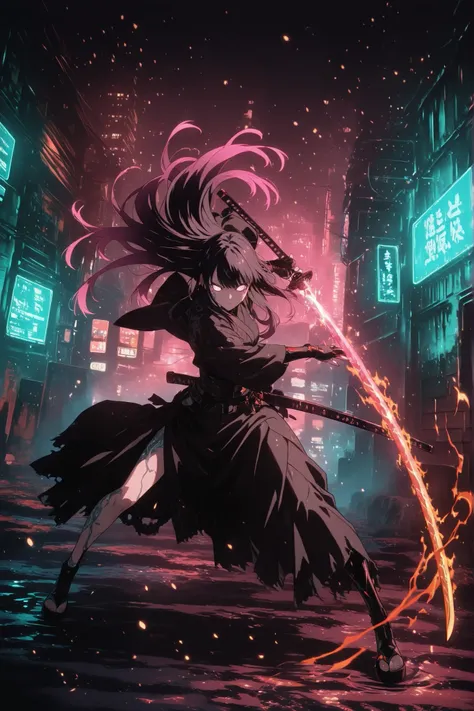 A beautiful Asian anime girl, with long hair featuring neon-colored tips (pink, cyan, and purple gradients), wearing a traditional Asian long samurai robe fused with modern cyberpunk elements, detailed with metallic accents, glowing lines and tech fabrics....