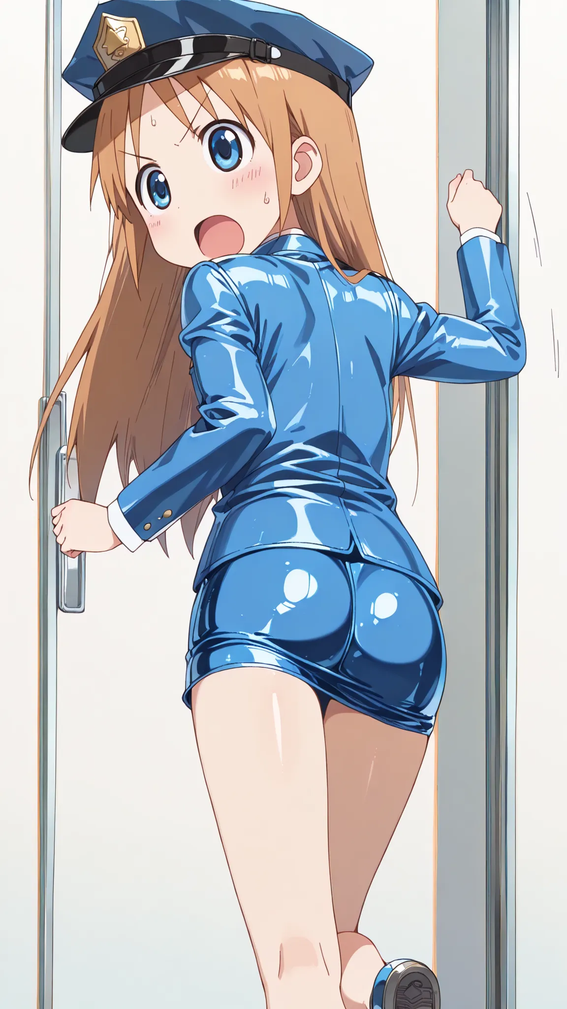 (((anime style))),nsfw,score_9, score_8_up, score_7_up,masterpiece, best quality,ultra detail,1girl,((((((((solo)))))))),yasuna oribe,koiwai yotsuba,hakase shinonome, (((long hair))), blue eyes, blonde hair,((((back shot)))),(school),((blue Police Uniform)...