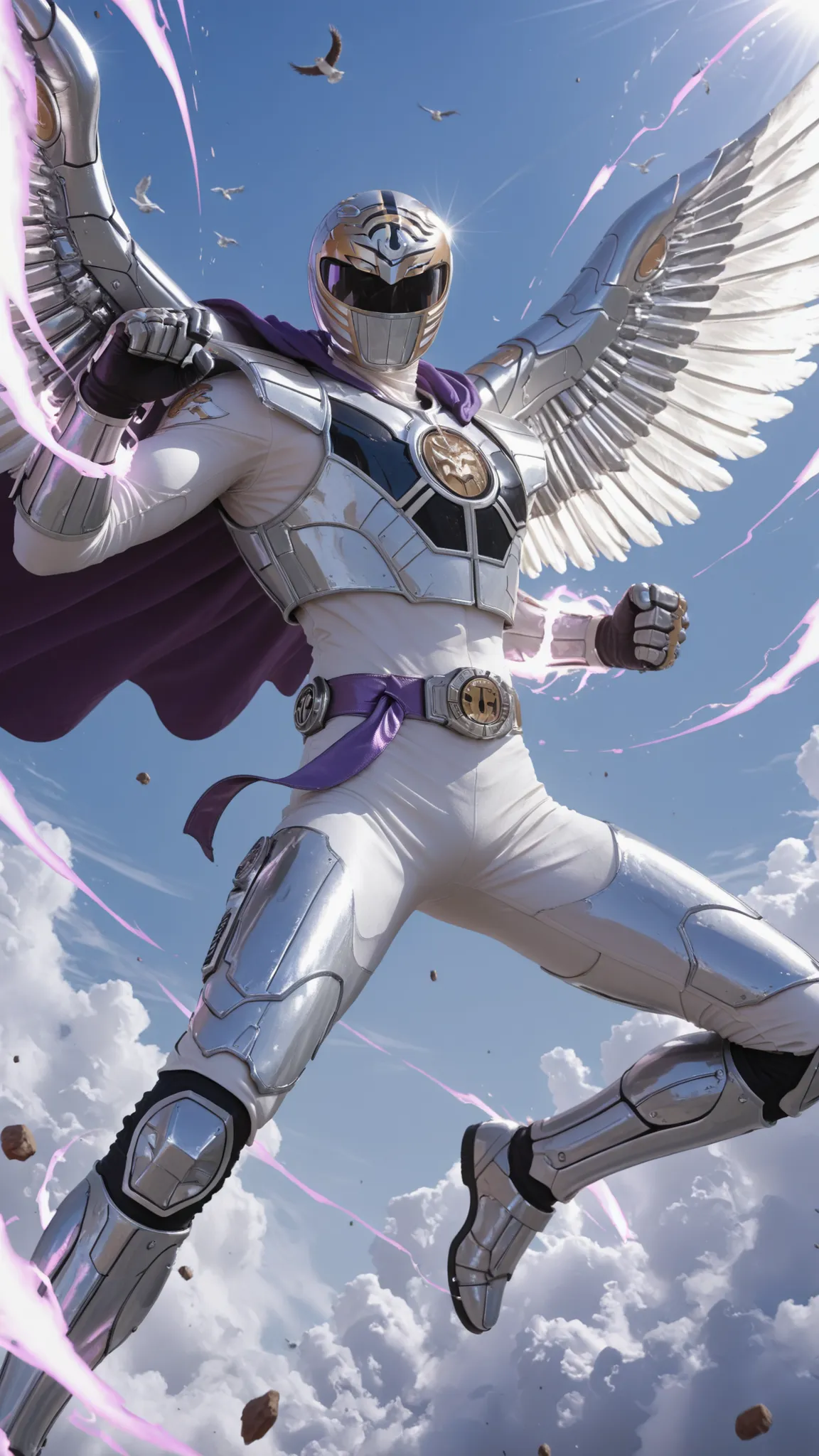 masterpiece, 1boy, Luffy One Piece,ultra detailed, best quality, white power ranger eagle fusion, dynamic flying pose soaring upward, majestic aerial stance, sleek white armored suit, metallic finish, purple energy belt glowing intensely, eagle-inspired he...