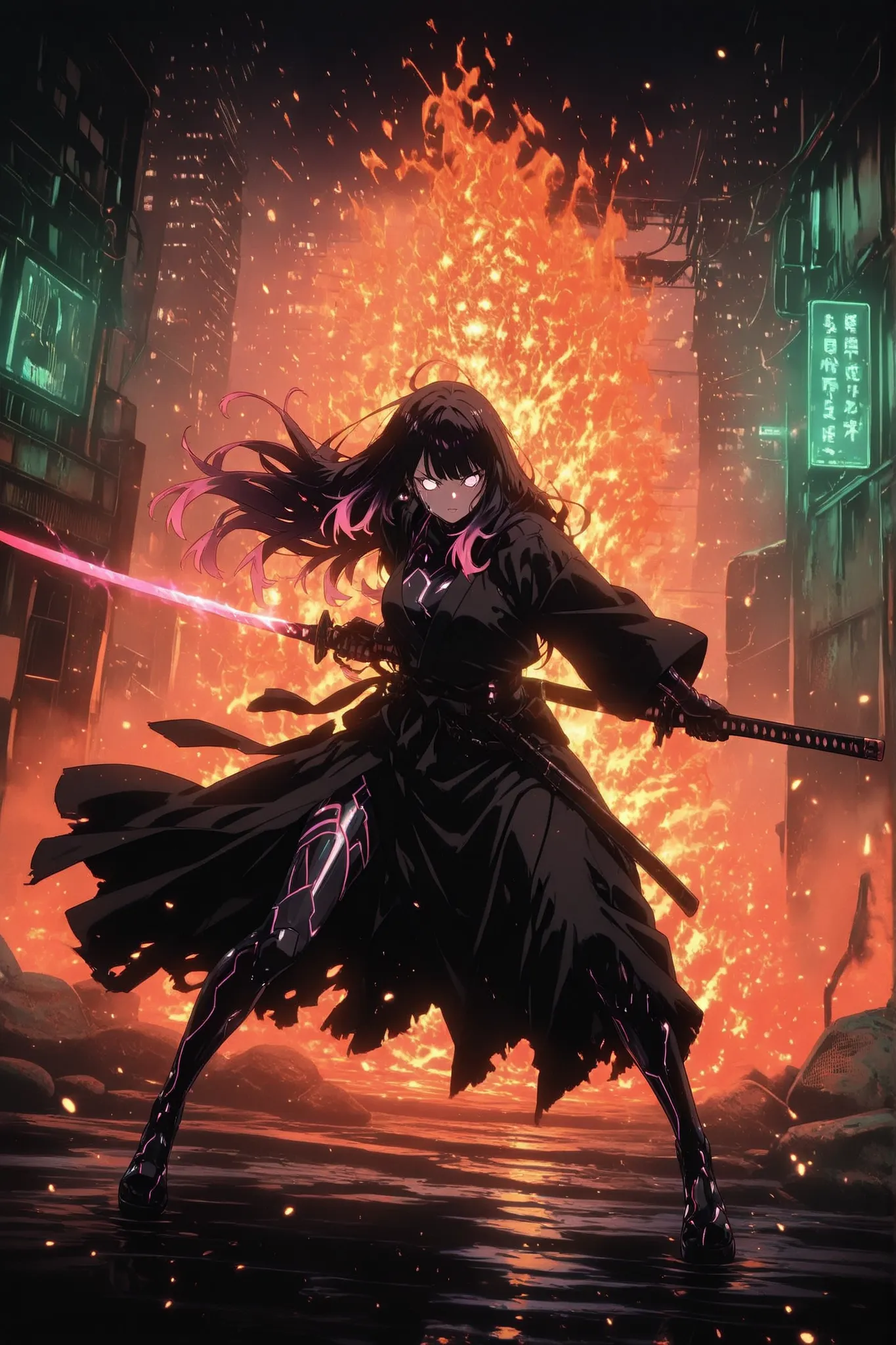 A beautiful Asian anime girl, with long hair featuring neon-colored tips (pink, cyan, and purple gradients), wearing a traditional Asian long samurai robe fused with modern cyberpunk elements, detailed with metallic accents, glowing lines and tech fabrics....