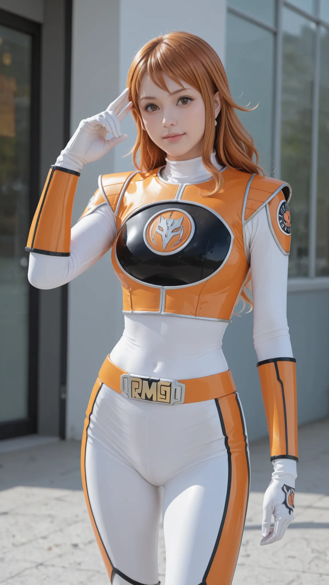1girl, Nami, orange Power Ranger Uniform, ultra HD, fox design power ranger, 