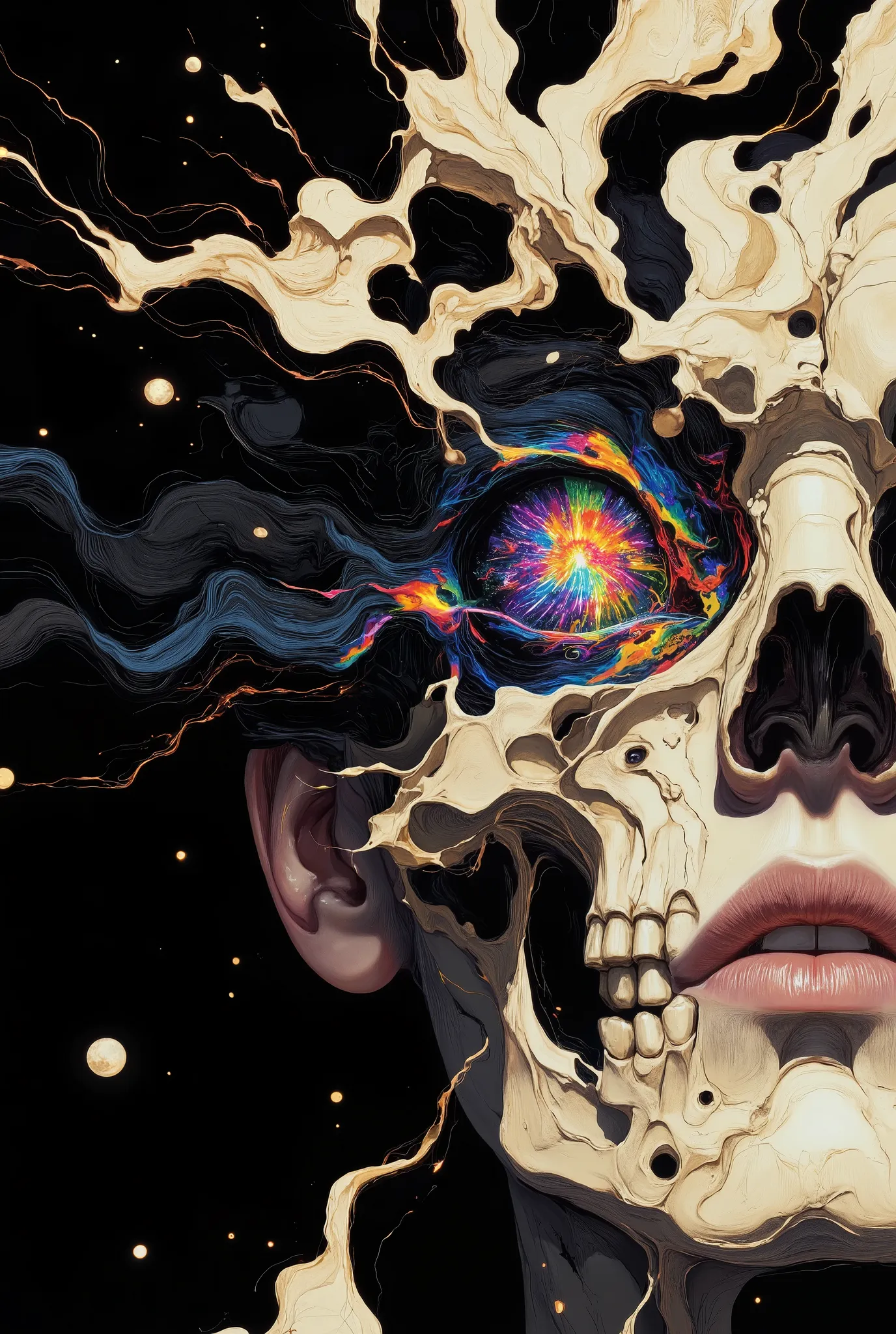 Surrealism, Hyper high resolution, (masterpiece), (Super detailed), UHD, 32k.
Illustration of a skull in black and grey, with one single colorful eye ( surreal psychedelic eye ), ethereal aura.
The illustration captures the idea that : there is beauty in d...