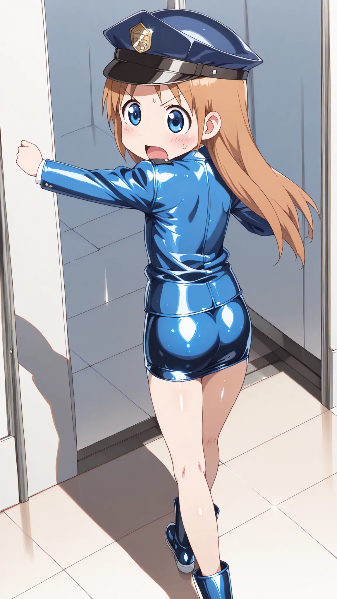 (((anime style))),nsfw,score_9, score_8_up, score_7_up,masterpiece, best quality,ultra detail,1girl,((((((((solo)))))))),yasuna oribe,koiwai yotsuba,hakase shinonome, (((long hair))), blue eyes, blonde hair,((((back shot)))),(school),((blue Police Uniform)...