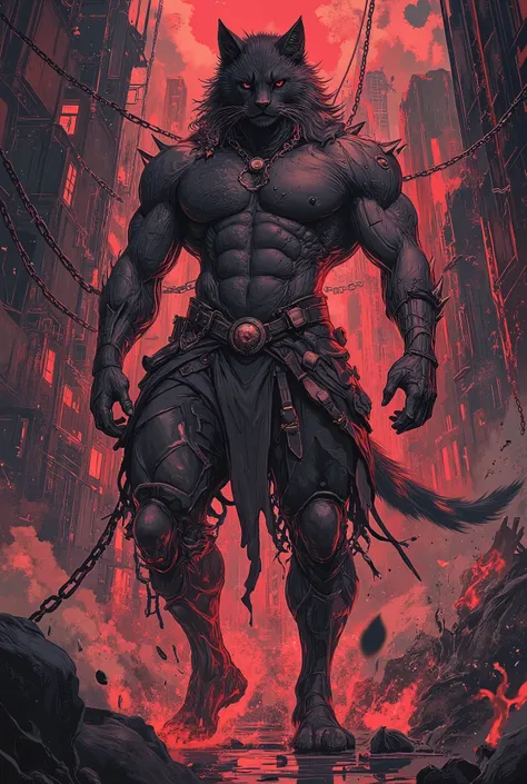 Muscular cats/mensch hybrid,anthropomorph, black fur,Fur everywhere,((arms and legs with fur:1.4)),weise, flauschiger schweif,Hoher Kontrast, (natural skin structure, Hyperrealismus, Sanftes Licht, Scharf),heroisch,epische pose:1,3,muscular body,ultra manl...