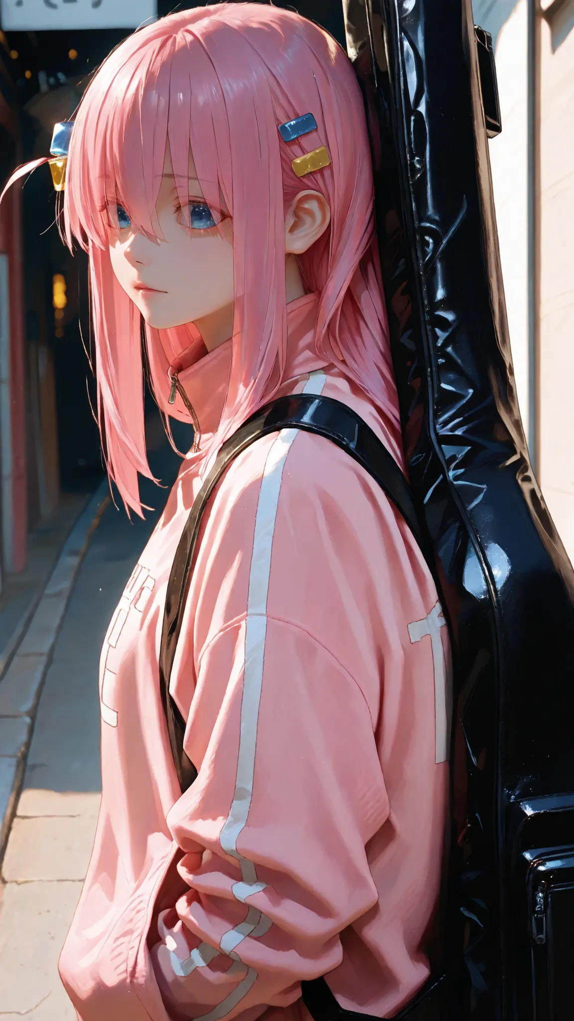 Gotoh_Hitori, pink hair, blue eyes, eyes visible through hair, long hair, hairclips、single girl、17 years old、wearing a jersey、carrying a guitar case on her back、Slender、Bandman girl、street shot snap in Shimokitazawa、photorealistic、Realistic、masterpiece、Hig...