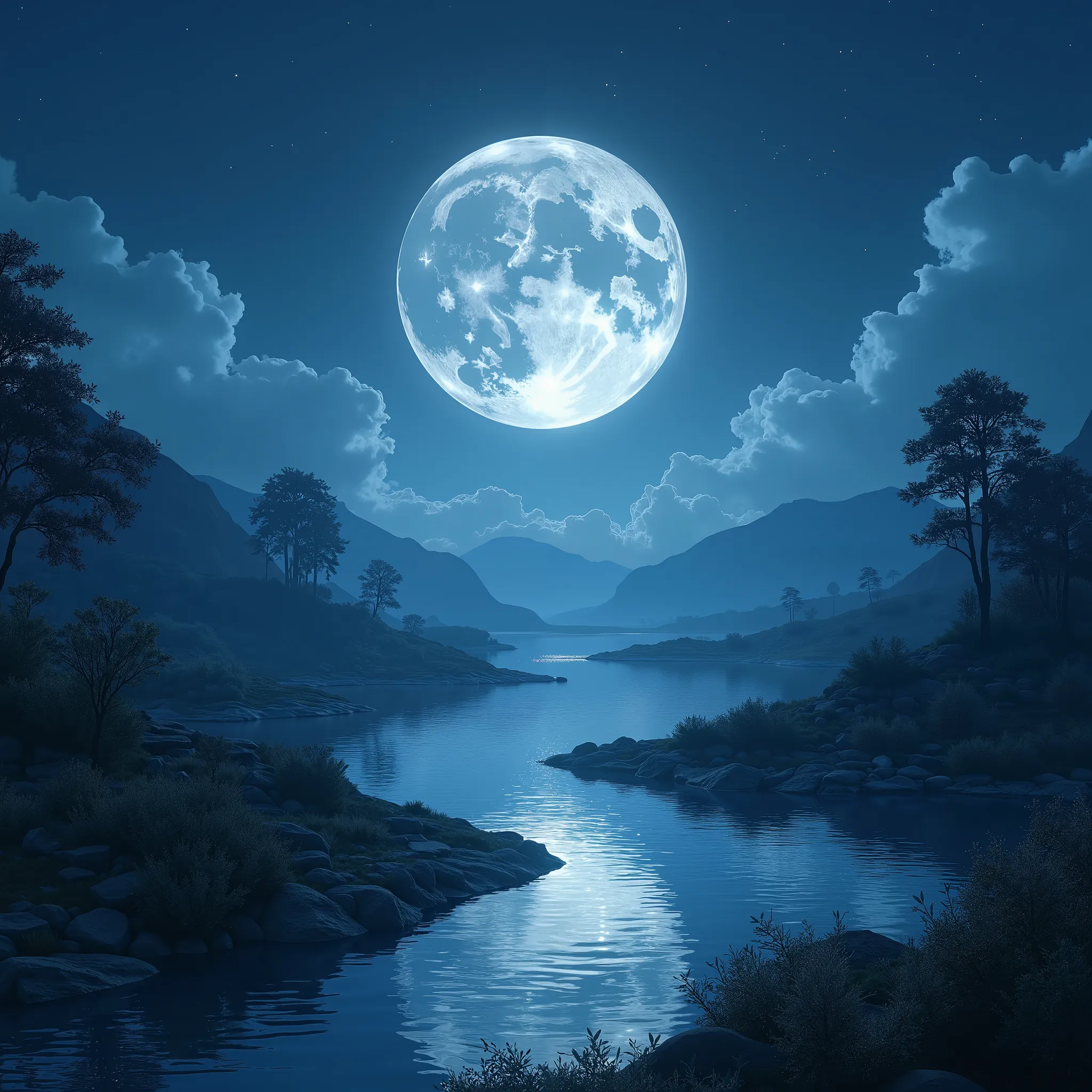 High Quality、elaborate images、On the night of the full moon shining white、landscape、