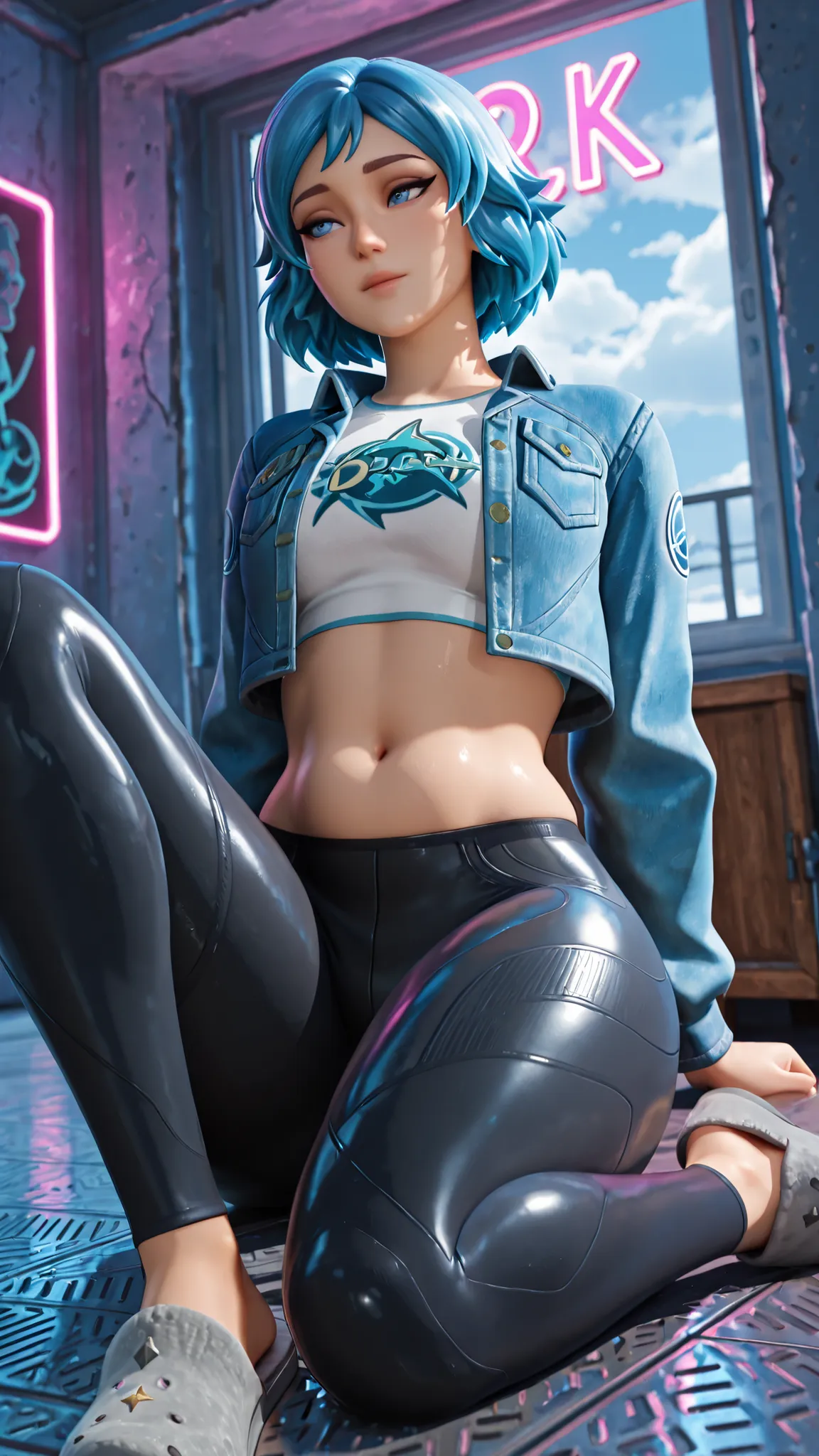 1 girl, masterpiece, Perfect blue eyes, blue eyes,Darki,Thick thighs, blue eyes, cropped jacket, blue hair, abdomen, short hair, cropped top, belly button, , denim jacket, denim, Black leggings, blue jacket, tight pants, room, neon light, cloudy sky, t-shi...