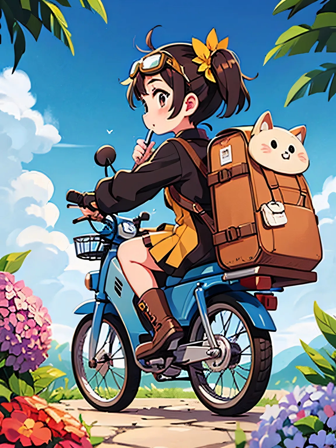 masterpiece，32K，UHD High Definition，octa rendering，steampunk，( Ultra-fine: 1.2)，  Young Girl Next to Piano，  Ride a Super Cub   ，  Knight ，cute， Very small build    ，  thin thighs  ，     small yellow super cub ，  short dress，    half length twin tails with...