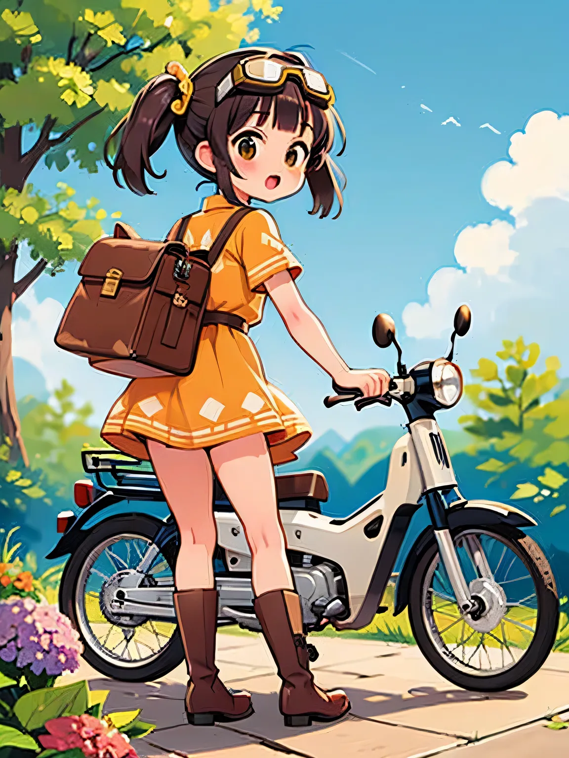 masterpiece，32K，UHD High Definition，octa rendering，steampunk，( Ultra-fine: 1.2)，young girls，  Ride a Super Cub   ，  Knight ，cute， Very small build ， thin thighs，skinny， small yellow super cub ，  short dress，    half length twin tails with lots of luggage  ...