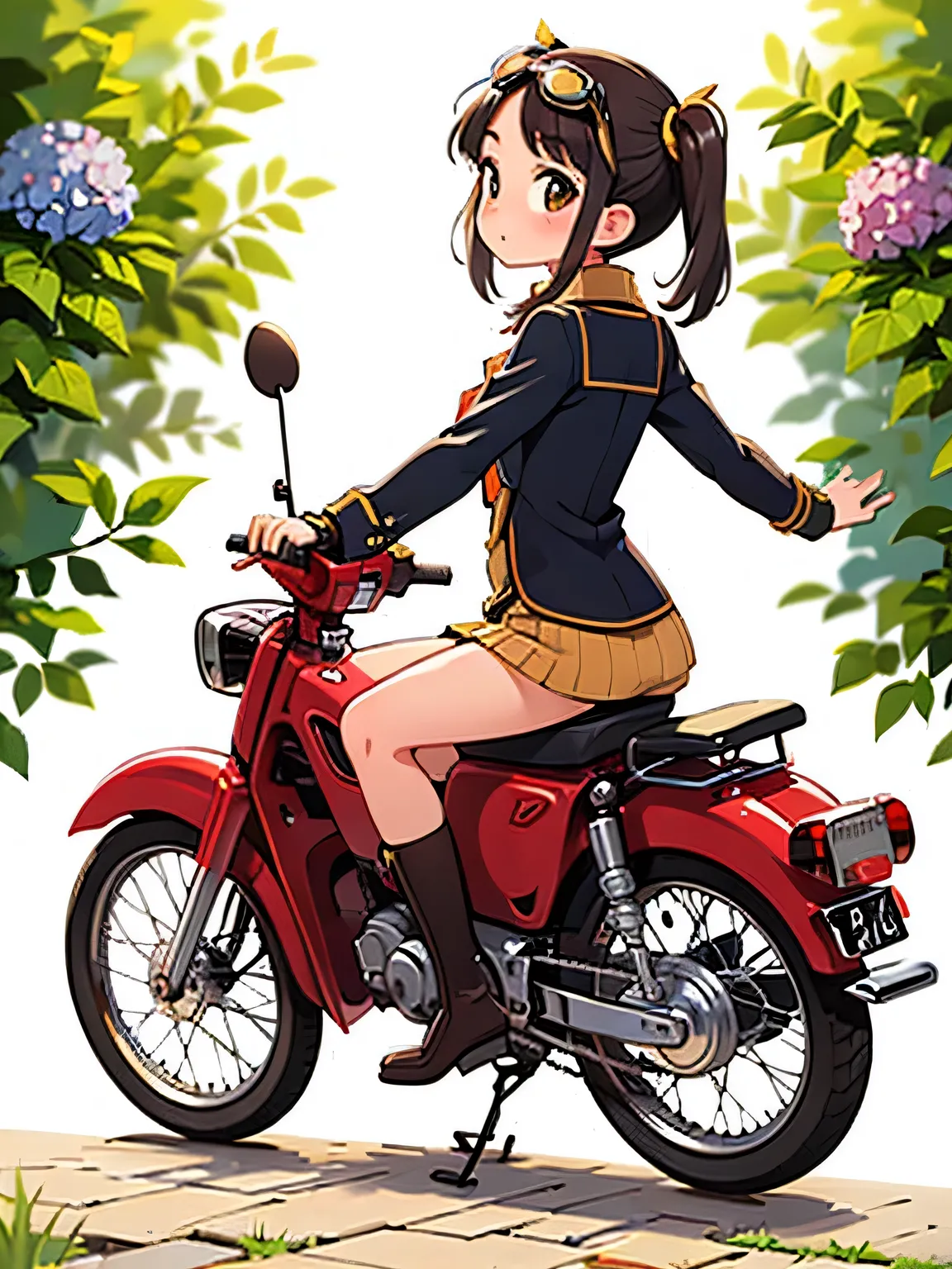 masterpiece，32K，UHD High Definition，octa rendering，steampunk，( Ultra-fine: 1.2)，young girls，  Ride a Super Cub   ，  Knight ，cute， Very small build ， thin thighs，skinny， small yellow super cub ，  short dress，    half length twin tails with lots of luggage  ...