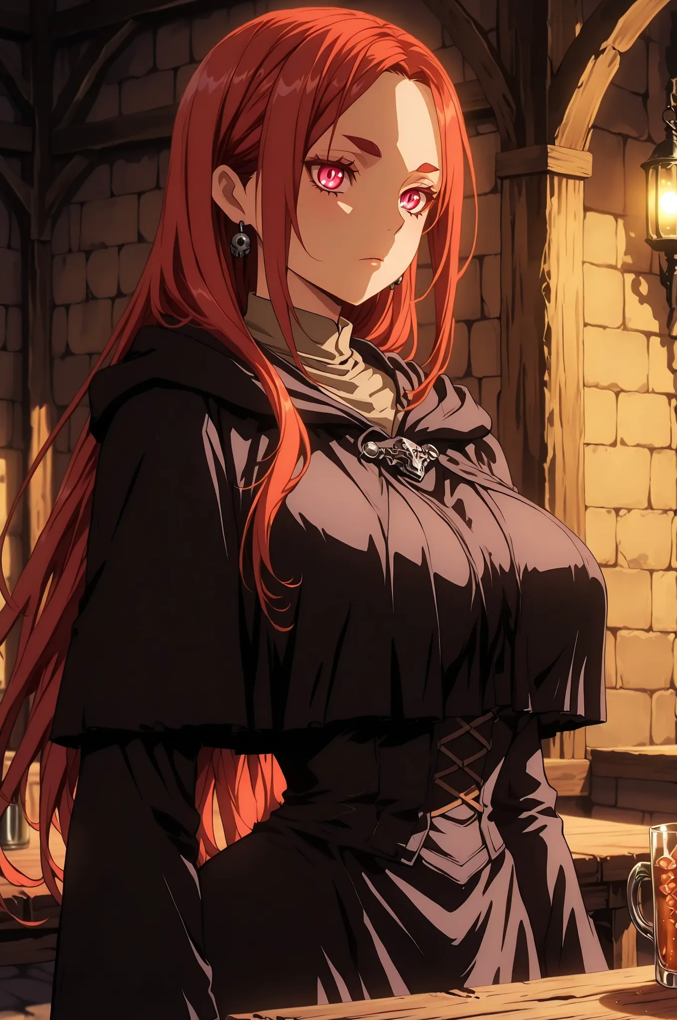 depth of field, (((anime coloring, anime screencap))) masterpiece, best quality, highly detailed, amazing quality, newest, hyper-detailed, very aesthetic, 1girl, medieval rogue, feline appearance, dark robe, daggers, BREAK bar setting, wooden tables, dim l...