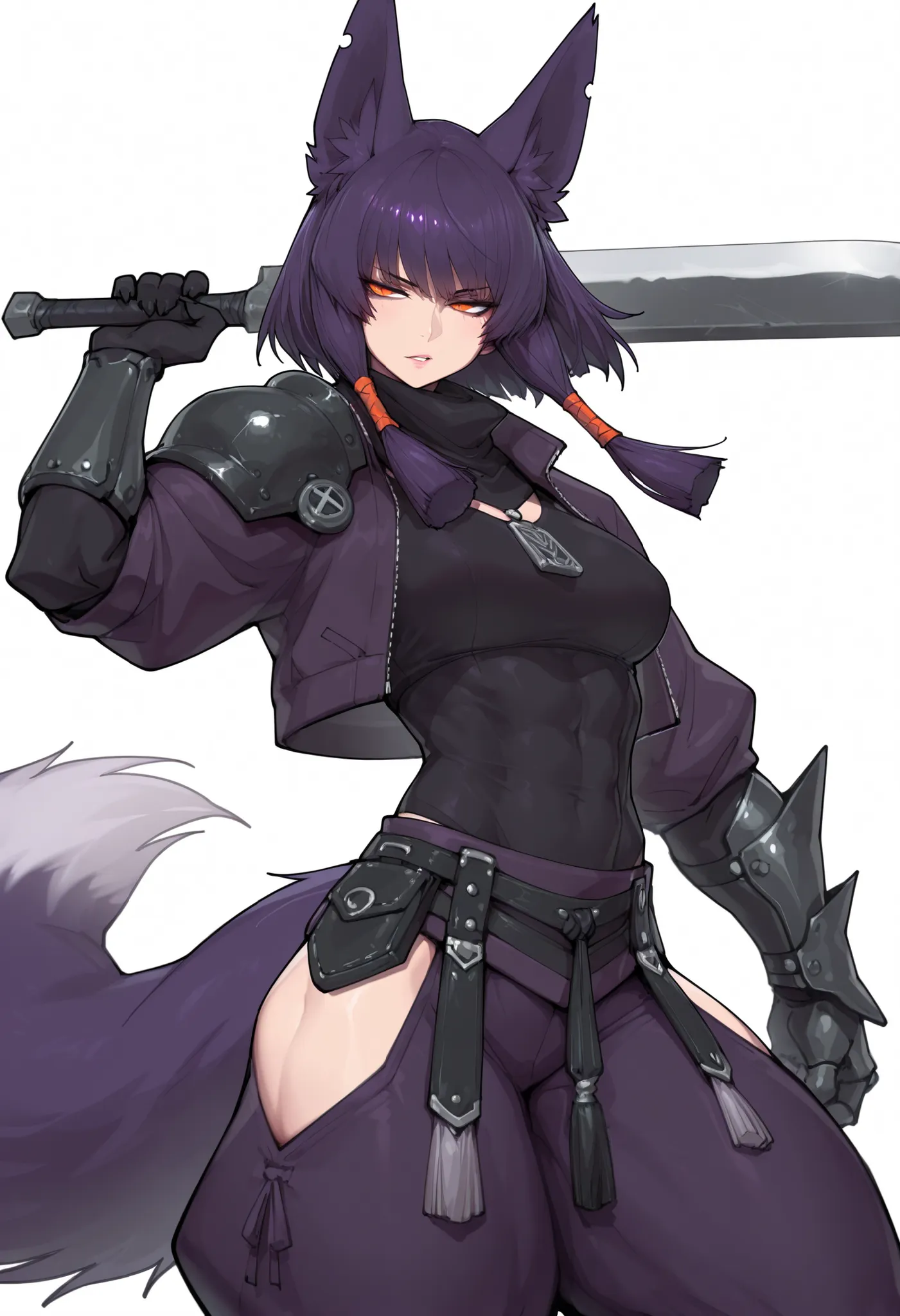 gorgeous kitsune girl, beautiful face, kitsune, hair of ash-purple color, beautiful woman, orange eyes, slit pupils, volputrous body, toned woman, curvy and athletic, fox ears, short hair, dark adventurer jacket, buggy pants, single steel pauldron vambrace...