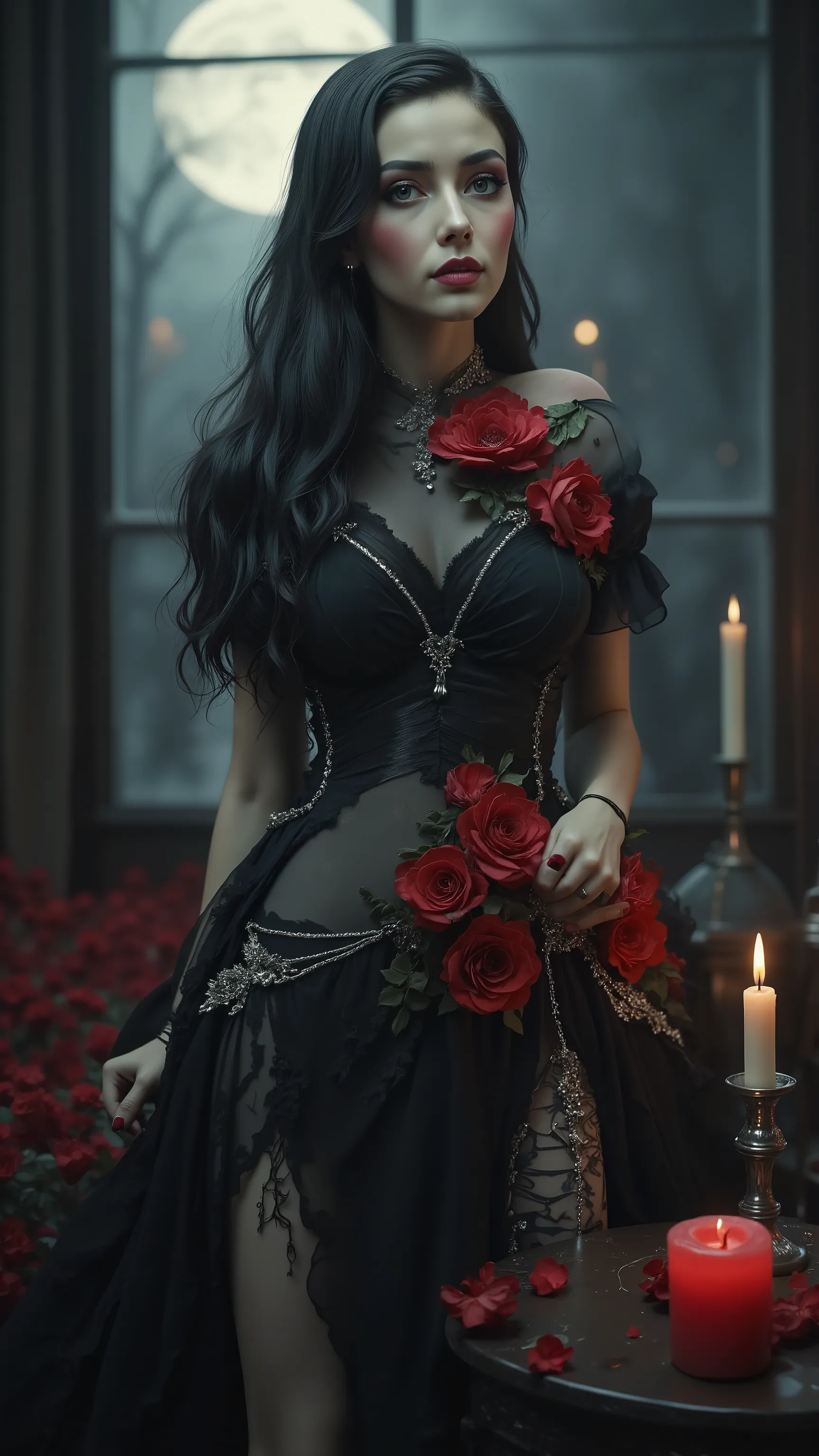 A beautiful gothic woman, hypersenual pose, ultra attractive, gothic/victorian style flower dress. Ultra-realistic,photo-realistic,ultra-detailed,physic,detailed portrait of a beautiful gothic woman with pale skin, dark makeup, piercing eyes and an intense...