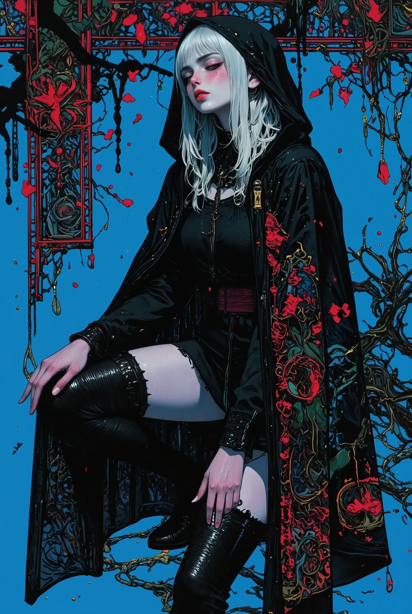 exquisite digital illustration, ((high angle from above)), ((top quality)), (super high resolution), (super detailed), exquisite digital illustration, womanhood, Studio Ghibli Dark Fantasy, a tall skinny female elf sorceress, high fashion model goddess wit...