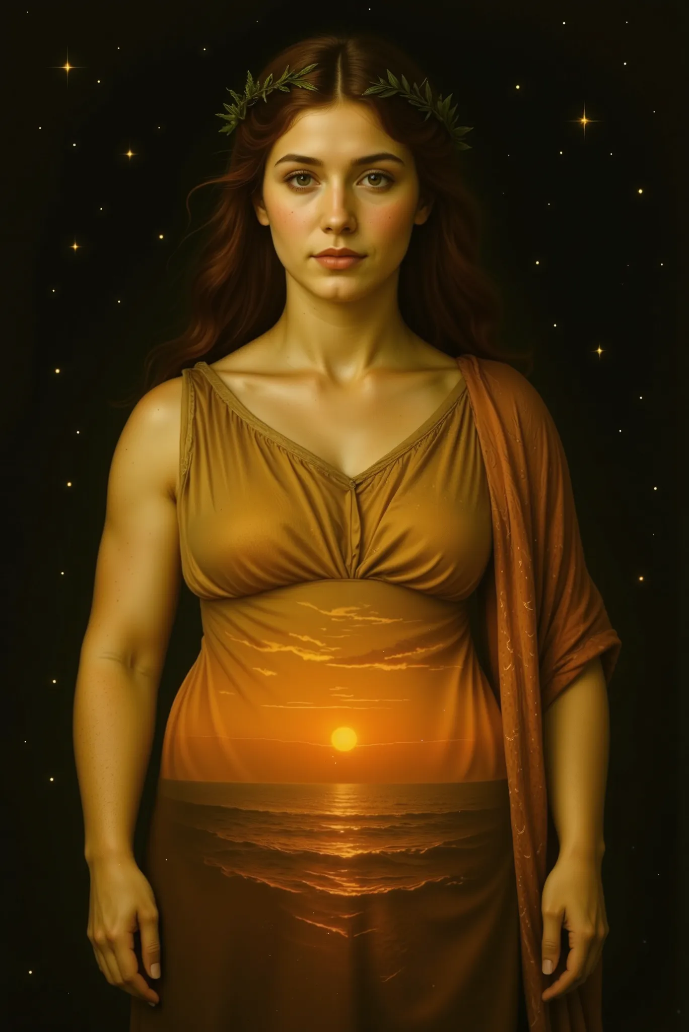 A realistic representation of the primordial Greek goddess Hespera. She stands gracefully in front of a nearly black sky filled with bright stars, resembling deep space. Her hair is vibrant red, flowing like fire. Her classical Greek tunic has no texture o...