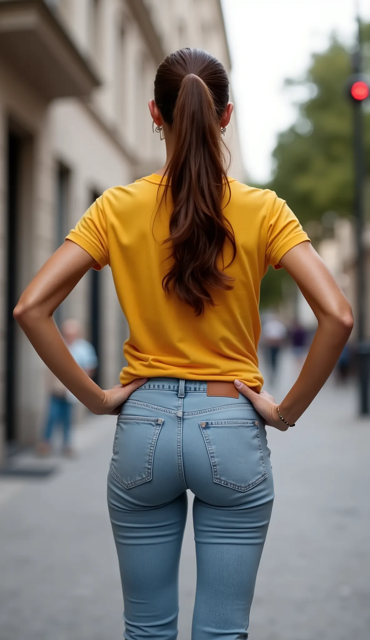 m4tur3w0m4n, mature woman, middle-aged,photoreal, extreme detail, ultra high resolution, full body shot, full body visible, from behind, rear view, a mature european woman, in her 50s, aged skin, tanned, detailed skin, facing away, full body visible, visua...