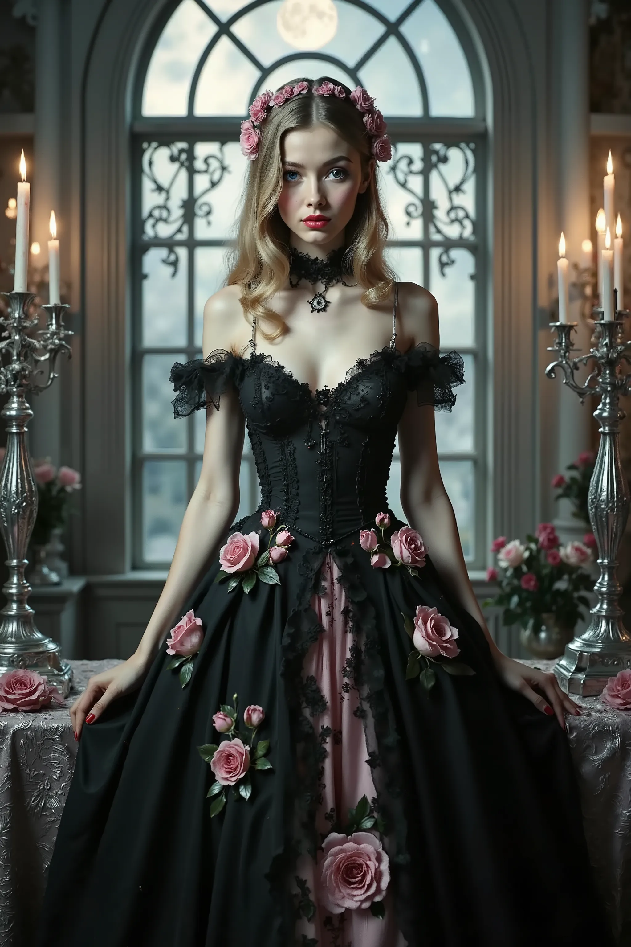 An ultra gothic, ultra-realistic, photo-realistic othic woman, hypersenual pose, ultra attractive, black and pink gothic/victorian style flower dress. Ultra-realistic,photo-realistic,ultra-detailed,physic, detailed portrait of a beautiful gothic woman with...
