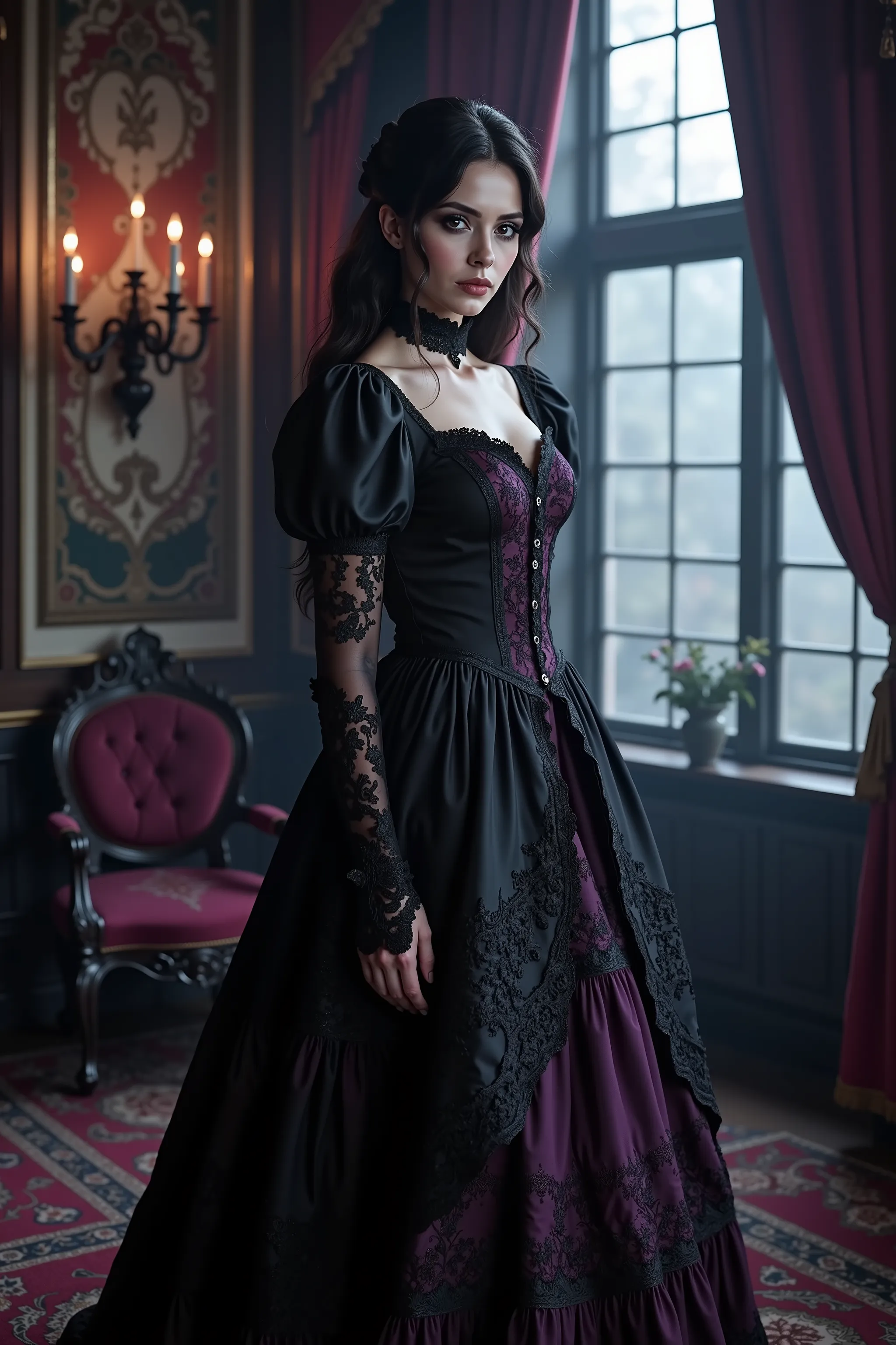 ultra attractive gothic woman, moody atmosphere, gothic/victorian style dress, black and violet, ultra-realistic,photo-realistic,ultra-detailed,physically-based rendering,dramatic lighting,chiaroscuro,ornate victorian interior,candelabra,heavy drapery,moon...