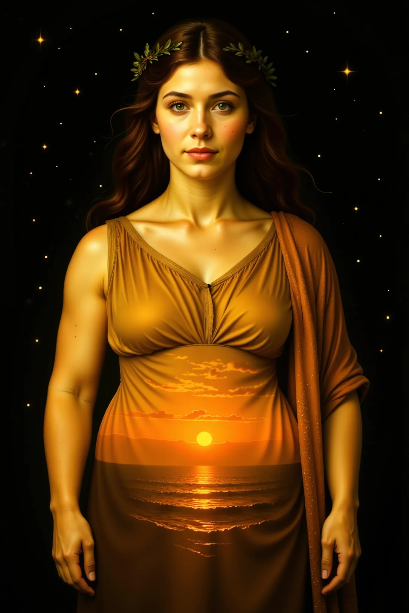 A realistic representation of the primordial Greek goddess Hespera. She stands gracefully in front of a nearly black sky filled with bright stars, resembling deep space. Her hair is vibrant red, flowing like fire. Her classical Greek tunic has no texture o...