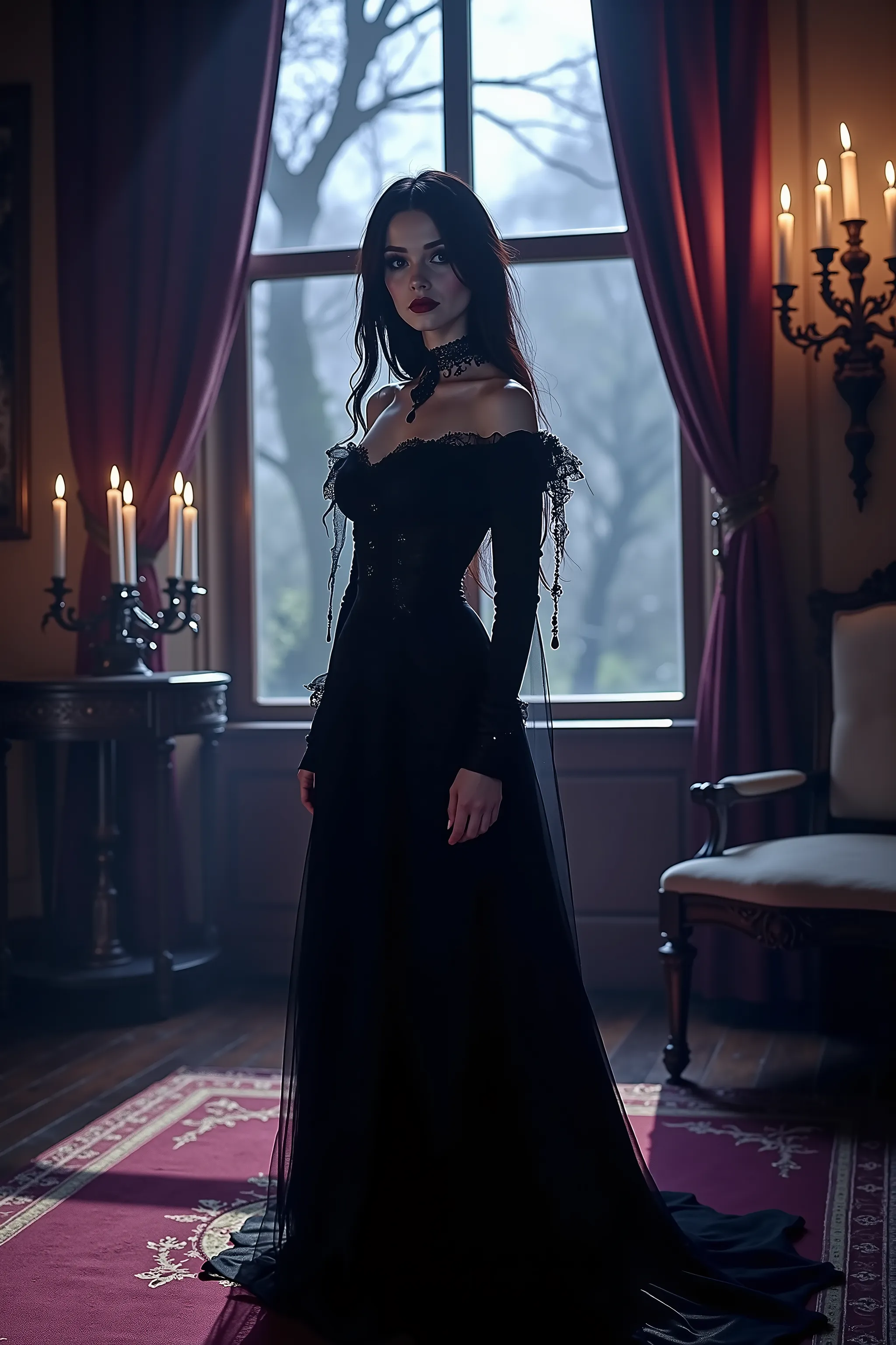 ultra attractive gothic woman, moody atmosphere, gothic/victorian style dress, black and violet, ultra-realistic,photo-realistic,ultra-detailed,physically-based rendering,dramatic lighting,chiaroscuro,ornate victorian interior,candelabra,heavy drapery,moon...