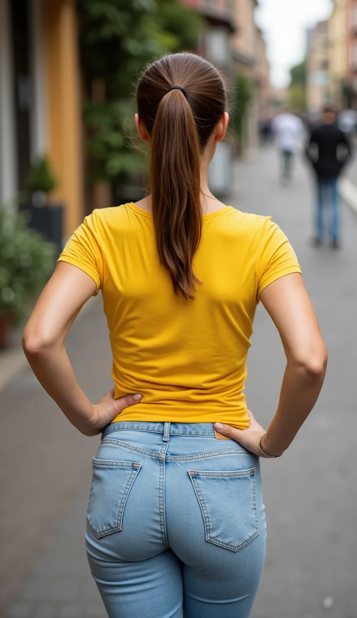 photorealistic, ultra high resolution, extreme detail, full-body shot (rear view), mature European woman, age ~50s, aged and tanned skin with visible texture, standing confidently on a sidewalk, facing away from camera, hands on hips, slim and petite body,...