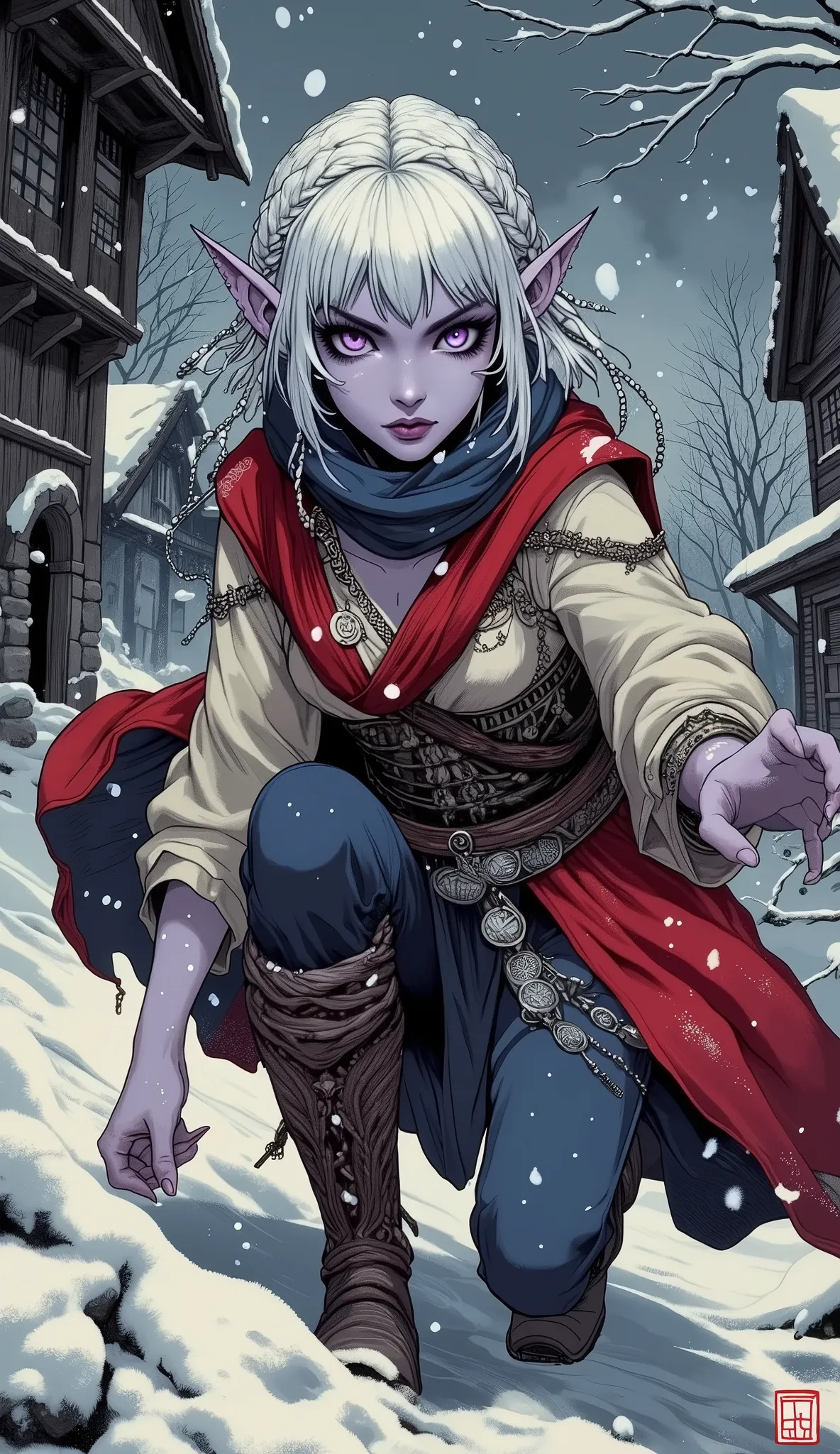 (Ukiyo-e style, dark fantasy, female drow, vampire hunter, 15th-century Transylvanian village, winter, heavy snow clouds, dim daylight, long dark shadows, gothic horror atmosphere, abandoned village, crouching low, body tense, keenly observing surroundings...