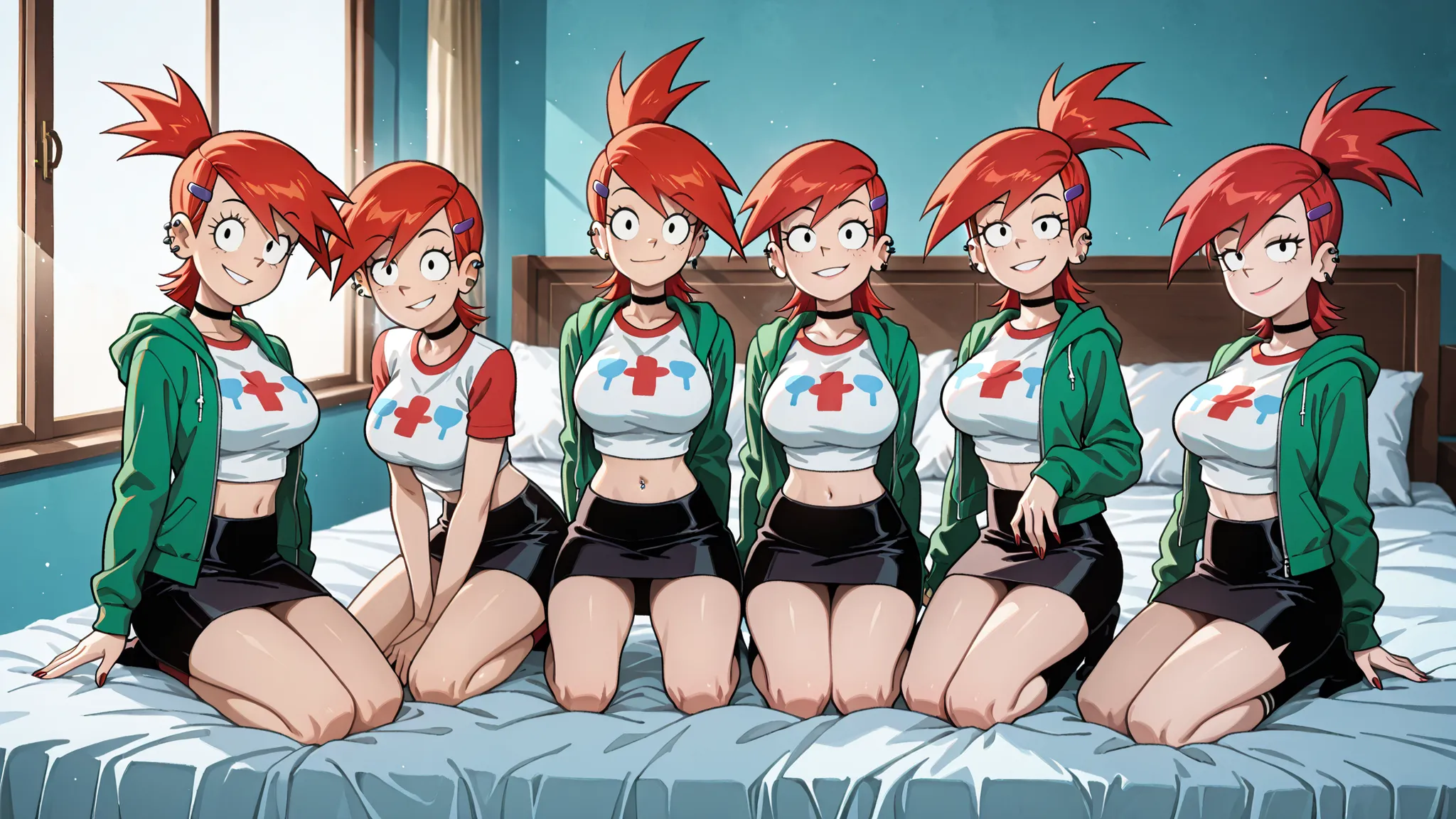 7girls, Frankie Foster, ponytail, choker, hairclip, hair ornament, shirt, green jacket, piercing, midriff, skirt, with red hair, very large breasts, inside a modern bedroom, all kneeling on a very large bed, looking at the viewer with seductive desire, nat...