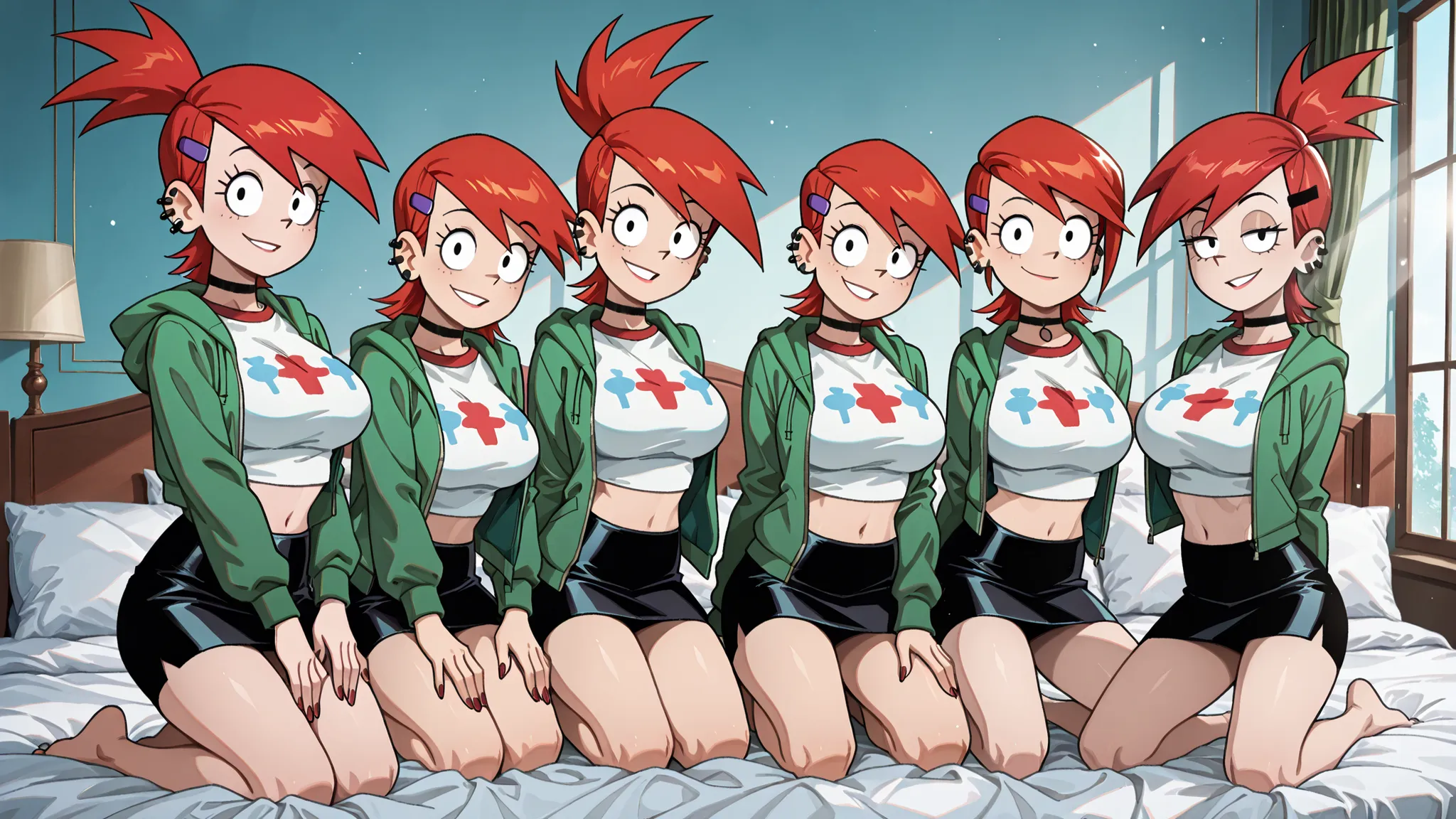 7girls, Frankie Foster, ponytail, choker, hairclip, hair ornament, shirt, green jacket, piercing, midriff, skirt, with red hair, very large breasts, inside a modern bedroom, all kneeling on a very large bed, looking at the viewer with seductive desire, nat...