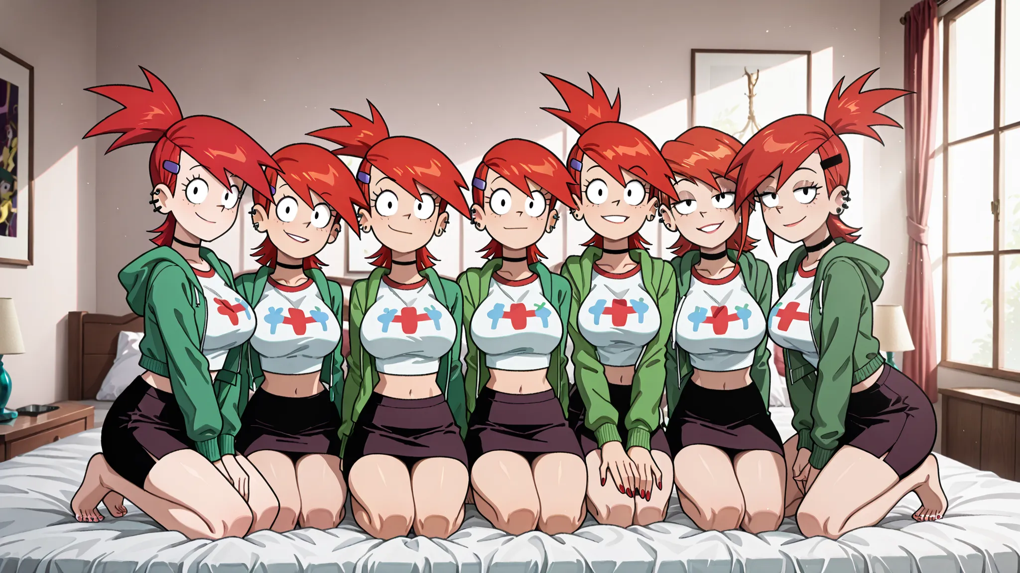 7girls, Frankie Foster, ponytail, choker, hairclip, hair ornament, shirt, green jacket, piercing, midriff, skirt, with red hair, very large breasts, inside a modern bedroom, all kneeling on a very large bed, looking at the viewer with seductive desire, nat...