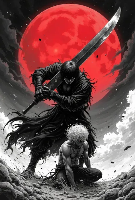 black and white manga style，The ultimate contrast between light and dark，The blood moon is empty。The burly black swordsman Guts holds a huge dragon-shaped sword，Slashing down with overwhelming force，The sword blade cuts through the air and stirs up air wav...