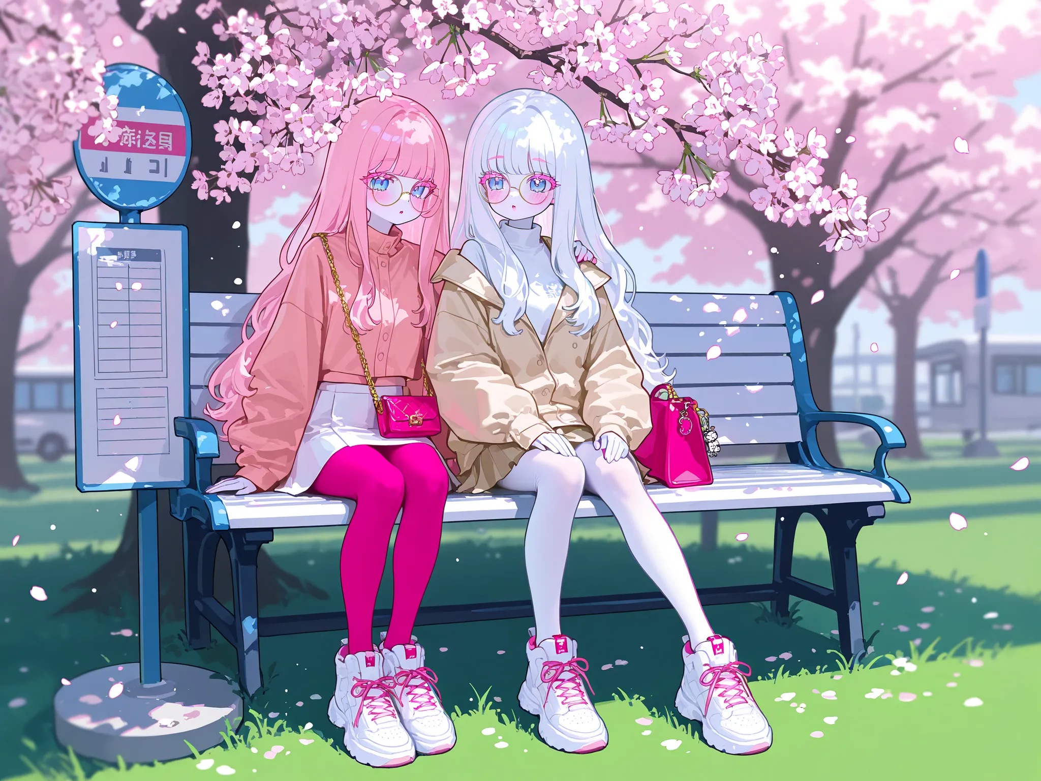 The white-skinned Korean girl. She has white skin with pink blush. She has blue eyes, pink eyelashes and pink eyebrows. She has light Korean makeup, and her lips have pink gloss. She has longest ground-length bleached hair with Pink coloring. She has 1980s...