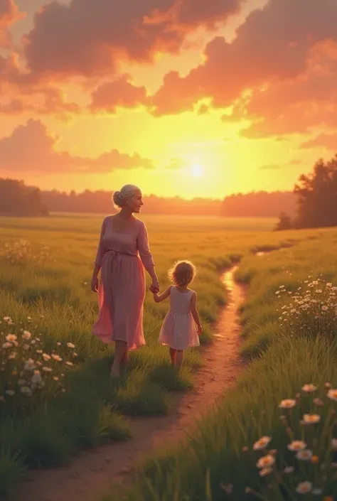 Create an image for me where a grandmother walks with a girl, in a beautiful field with the sunset in the background and the paths dividing